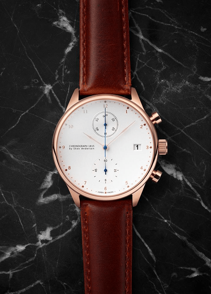 1815 Chronograph Rose Gold by AV86 luxury Scandinavian chronograph with sapphire crystal, vintage dial, and brown leather strap