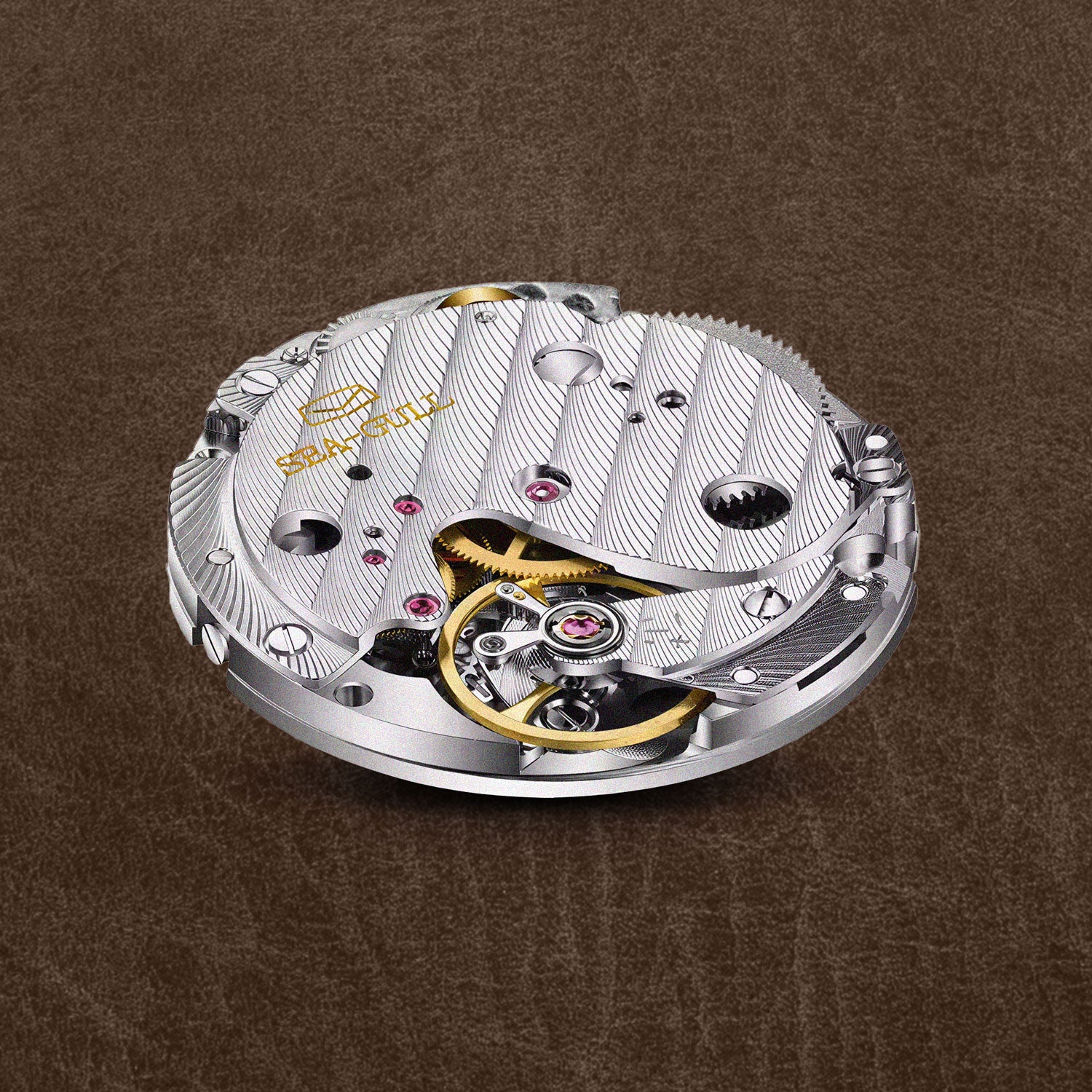 Intricately decorated mechanical watch movement showcasing finely striped bridges, visible gears, and ruby bearings on a textured surface.