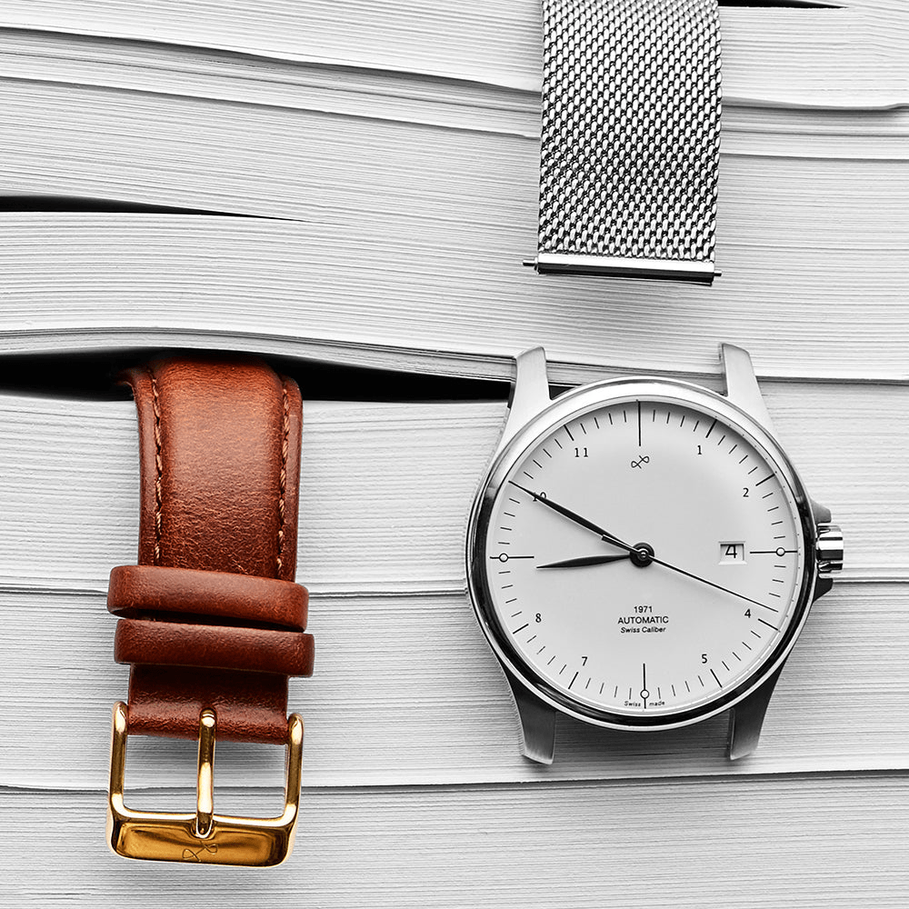1971 Automatic, Swiss Made by AV86 minimalist automatic watch with clean dial, date window, sapphire crystal, mesh and leather straps