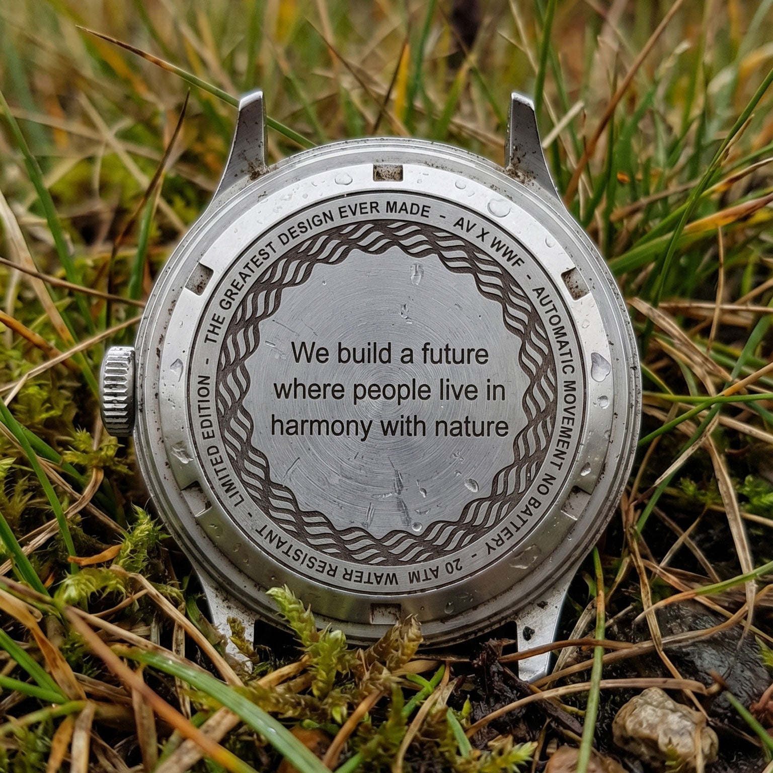 Back of a watch case engraved with a message about living in harmony with nature, placed on grass and moss.