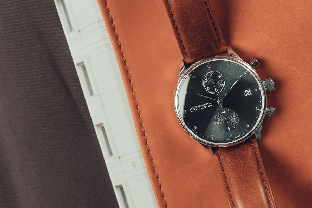 1815 Chronograph by AV86 luxury vintage-inspired chronograph with sapphire crystal, sunray dial, and brown leather strap