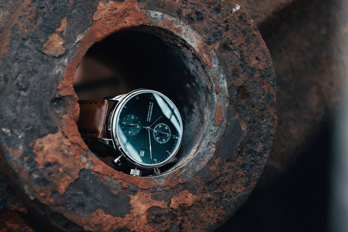 1815 Chronograph by AV86 vintage-inspired chronograph with sapphire crystal, green sunray dial, and brown leather strap