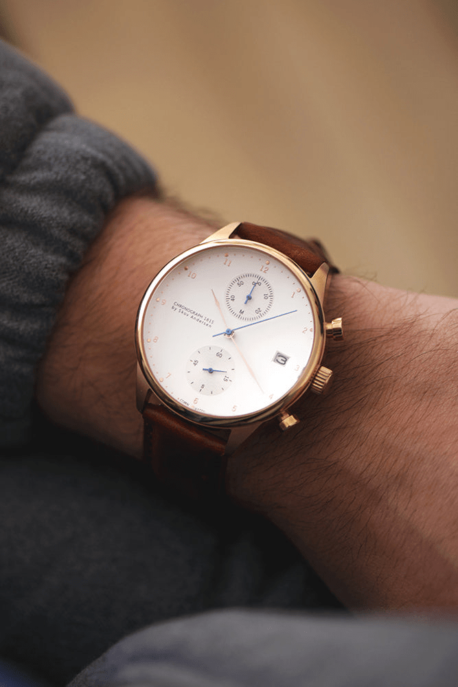 1815 Chronograph Rose Gold / White by AV86 luxury chronograph with vintage-inspired dial, sapphire crystal, and brown leather strap