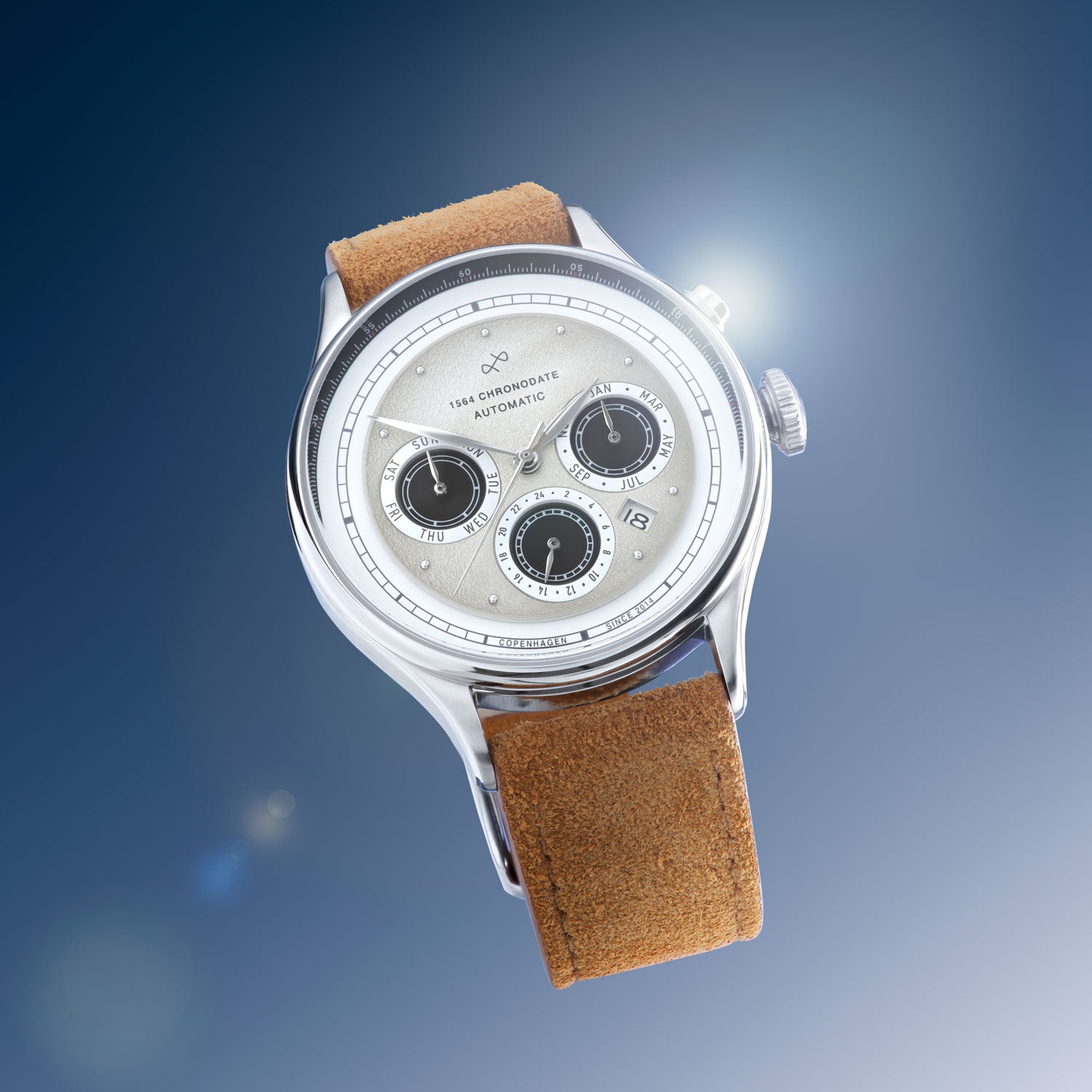 Vintage-inspired chronograph automatic by AV86 featuring a polished case, sapphire crystal, and suede leather strap in minimalist Scandinavian style.