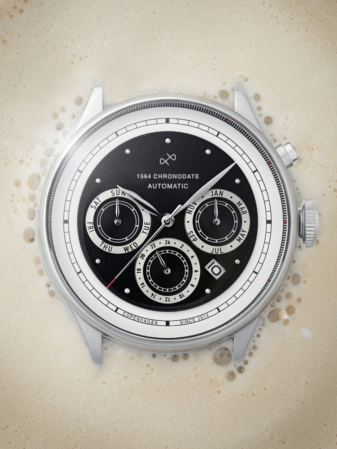 1564 Chronodate Automatic by AV86 luxury chronograph with vintage-inspired dial, sapphire crystal, calendar subdials, and stainless steel case