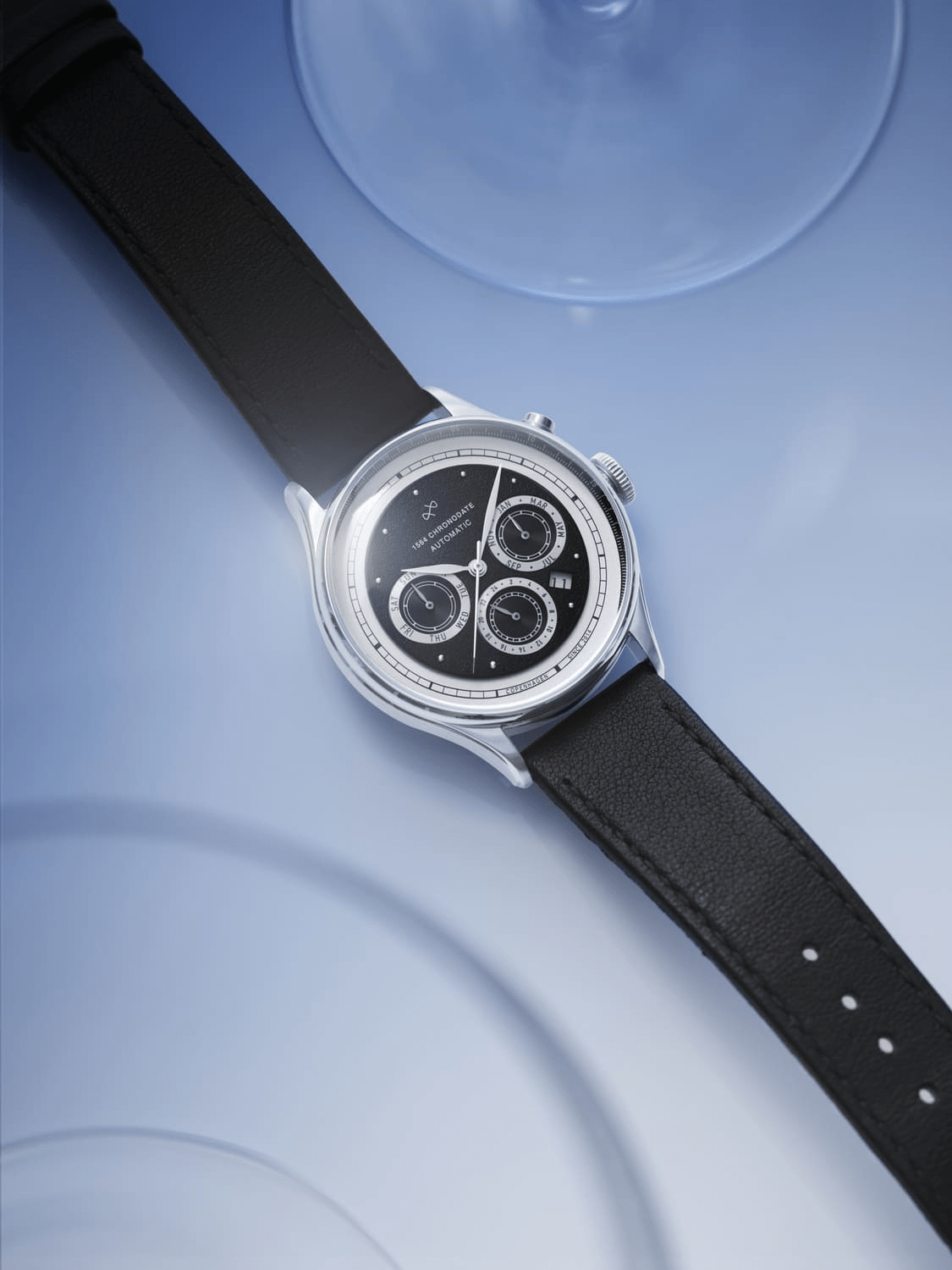 1564 Chronodate Automatic by AV86 vintage-inspired automatic chronograph with sapphire crystal and black leather strap
