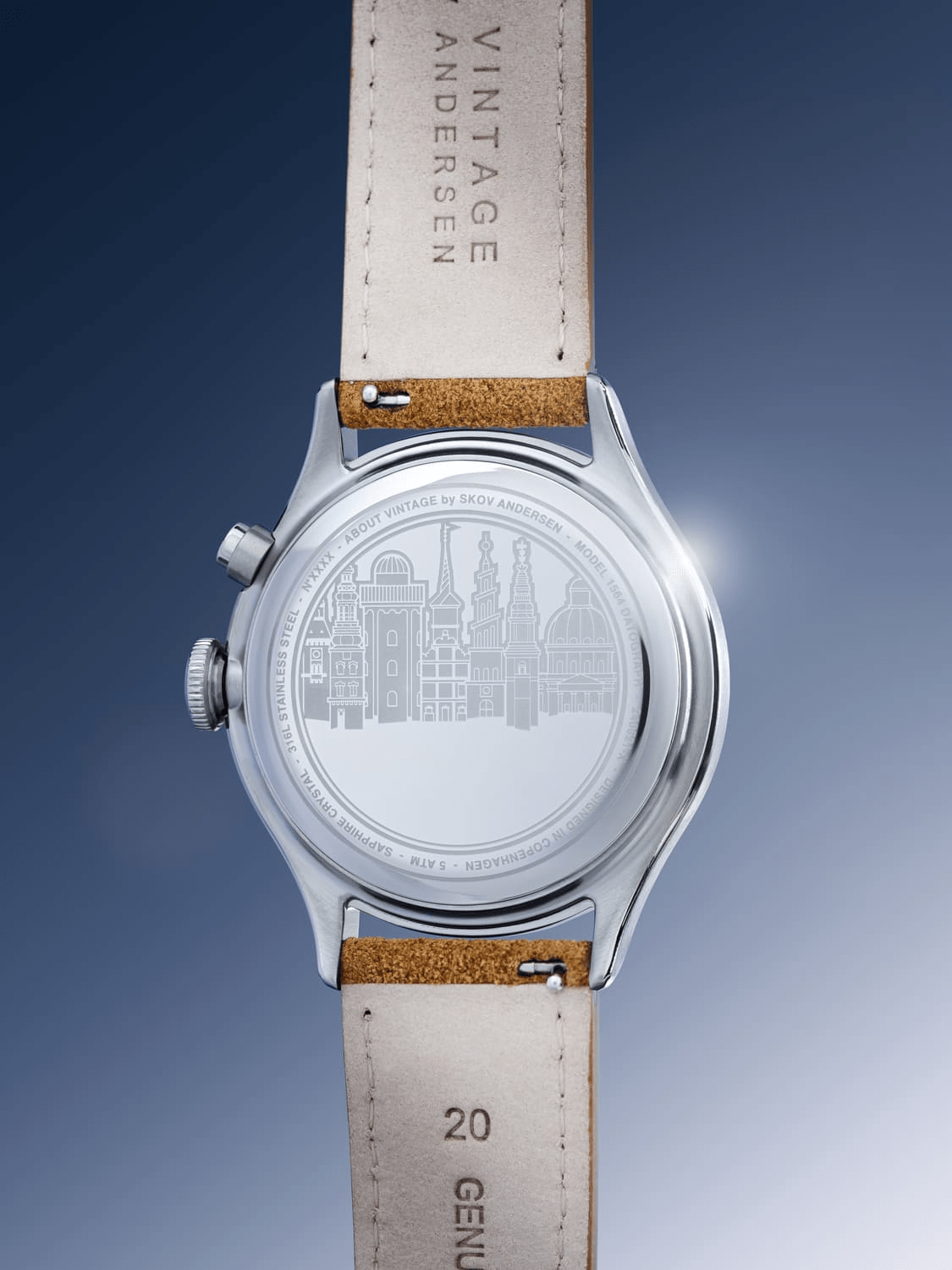 1564 Chronodate Automatic by AV86 showcasing stainless steel case back with Copenhagen skyline engraving and genuine leather strap