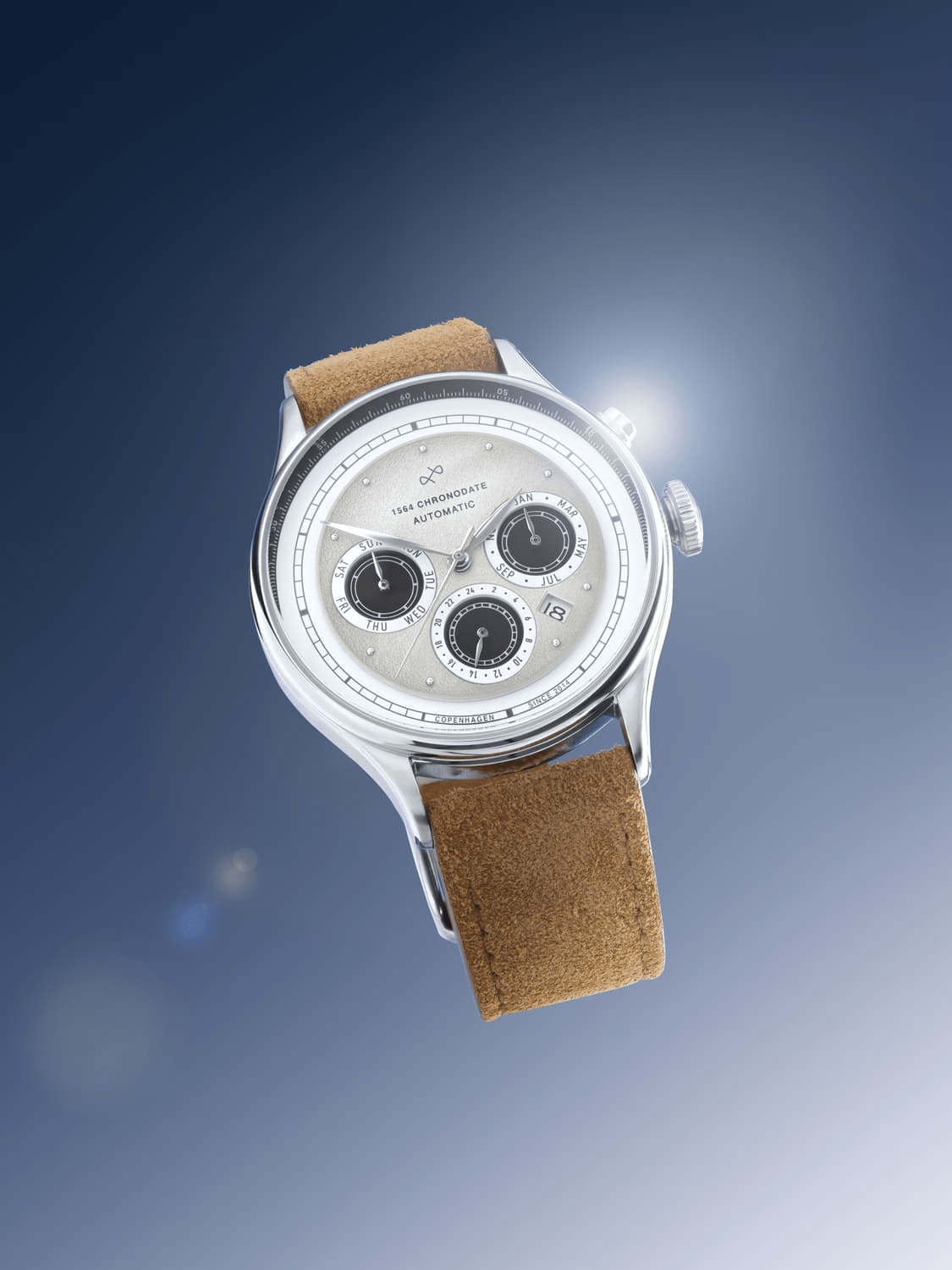 1564 Chronodate Automatic by AV86 with vintage-inspired dial, chronograph subdials, sapphire crystal, and brown suede leather strap