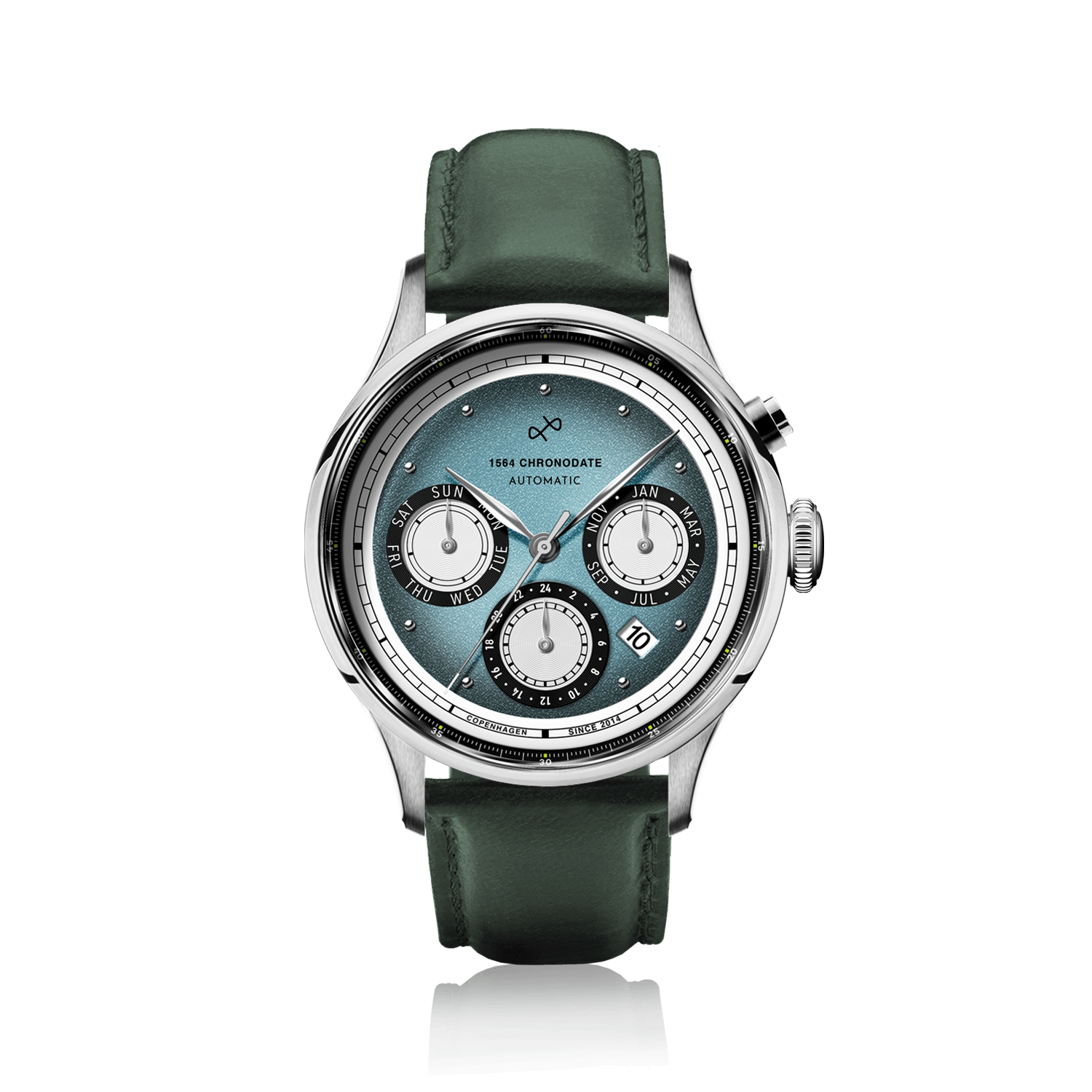 1564 Chronodate Automatic, Steel / Ice Blue & White