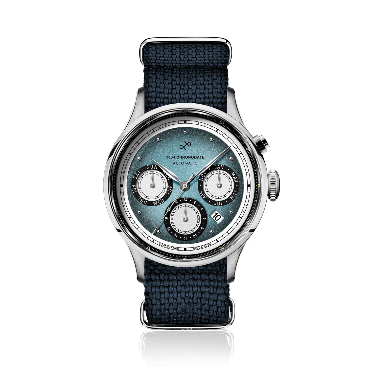 1564 Chronodate Automatic, Steel / Ice Blue & White