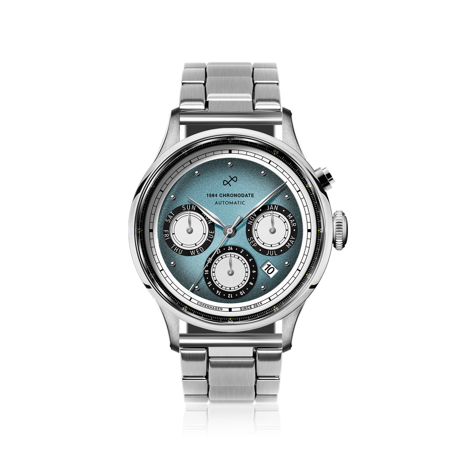 1564 Chronodate Automatic, Steel / Ice Blue & White