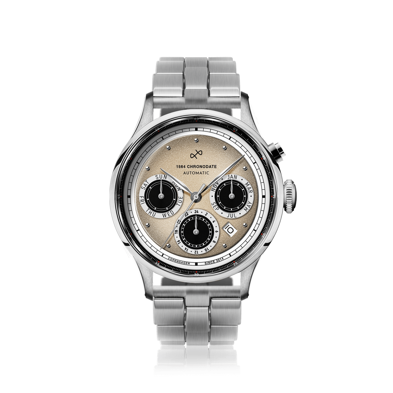 1564 Chronodate Automatic fra AV86 med vintage-inspireret kronografskive, Sapphire Crystal, datovindue og armbånd i rustfrit stål