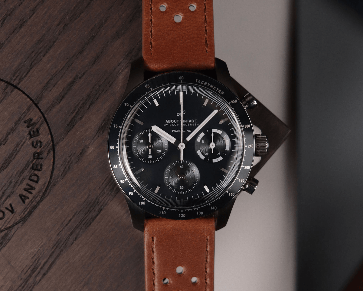 1960 Racing Chronograph by AV86 with vintage-inspired dial, tachymeter bezel, sapphire crystal, and brown leather strap