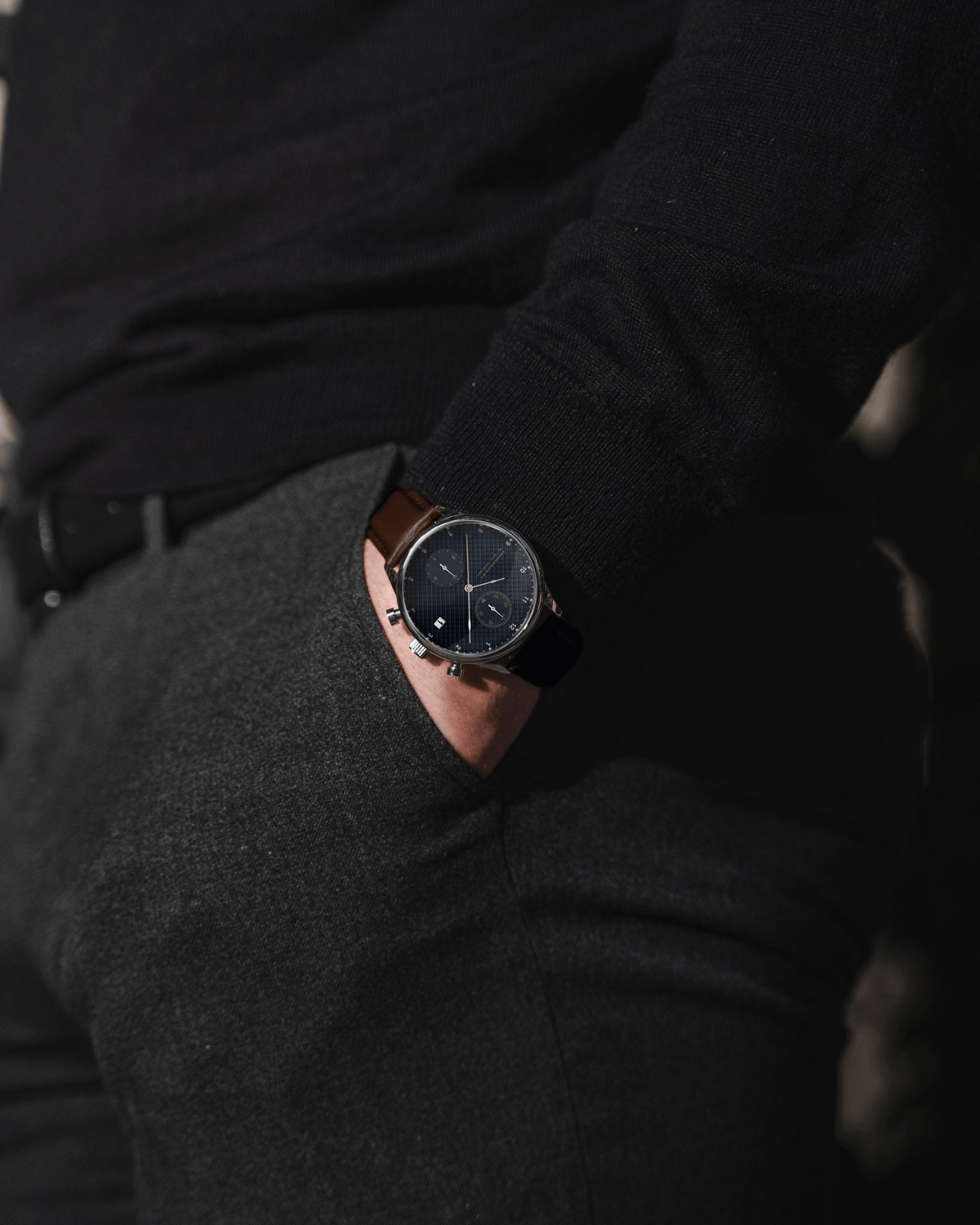 1815 Chronograph by AV86 vintage-inspired chronograph with sapphire crystal, textured dial, and brown leather strap in minimalist style