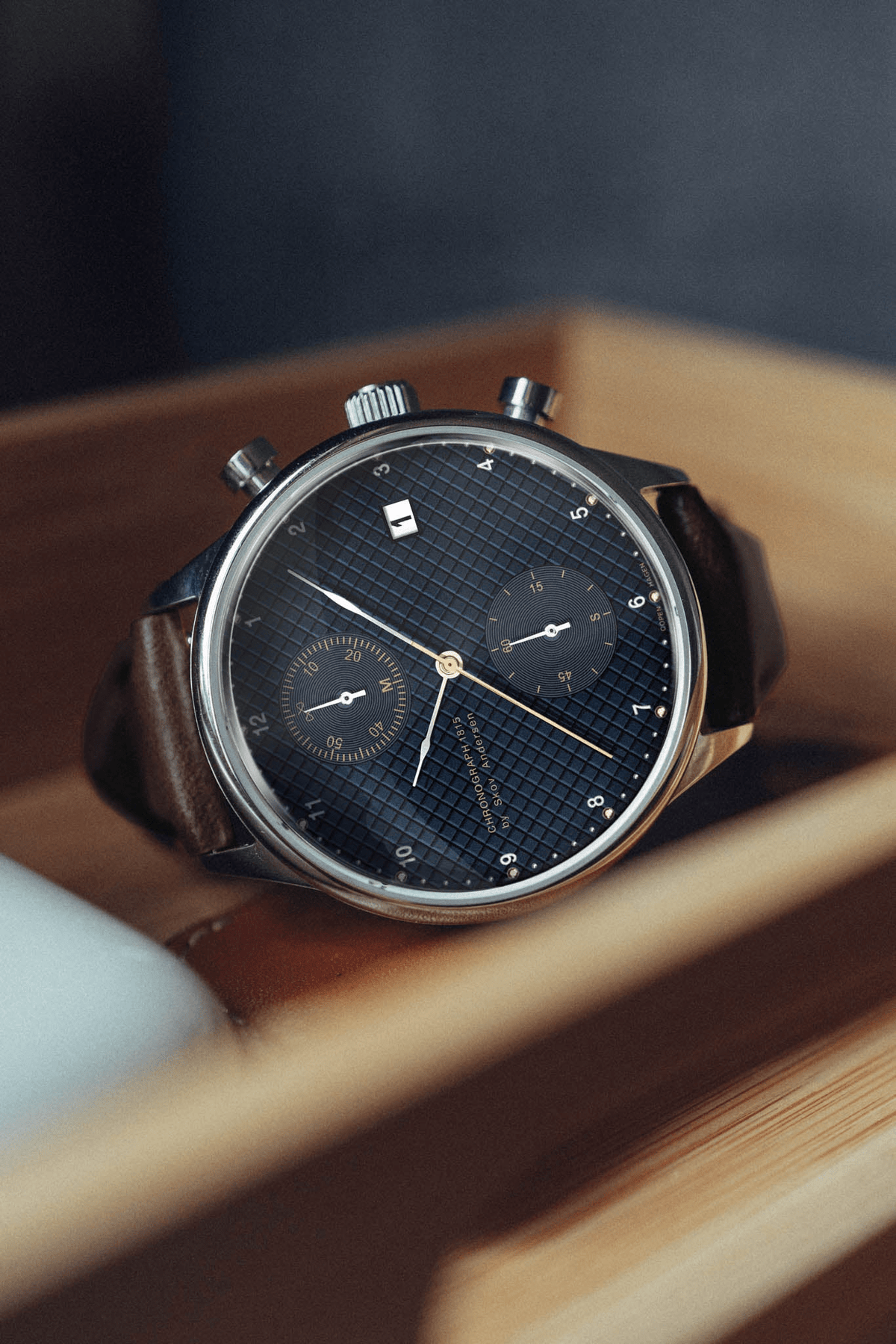 1815 Chronograph by AV86 vintage-inspired chronograph with sapphire crystal, textured dial, and brown leather strap