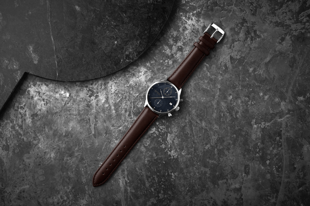 1815 Chronograph by AV86 vintage-inspired chronograph with sapphire crystal, leather strap, and minimalist dark dial design