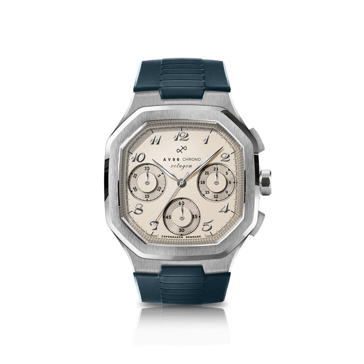 1904 Chrono, Steel / Off White by AV86 features a luxury chronograph with sapphire crystal, octagonal stainless steel case, off-white dial with vintage-inspired numerals, and a durable navy blue rubber strap embodying Scandinavian minimalist design.