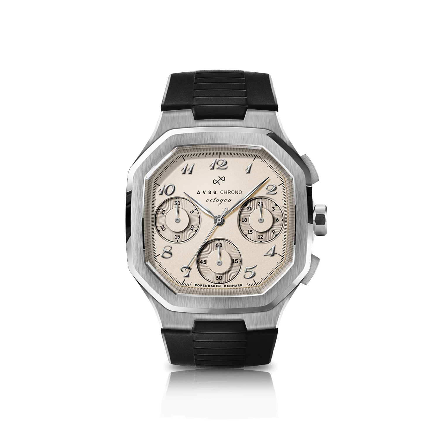 1904 Chrono, Steel / Off White by AV86 is a luxury chronograph with a stainless steel case, vintage-inspired dial, sapphire crystal, and black rubber strap.