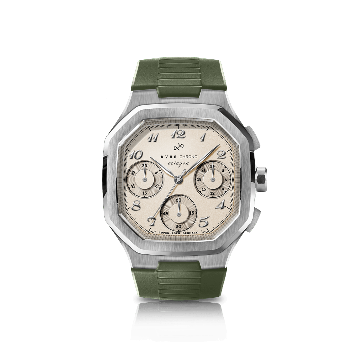 1904 Chrono, Steel / Off White by AV86 features a hexagonal stainless steel case, off-white dial with chronograph subdials, vintage-inspired numerals, and a green rubber strap.