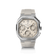 1904 Chrono featuring a square brushed steel case, off-white dial with three chronograph subdials, sapphire crystal, and a textured rubber strap by AV86.