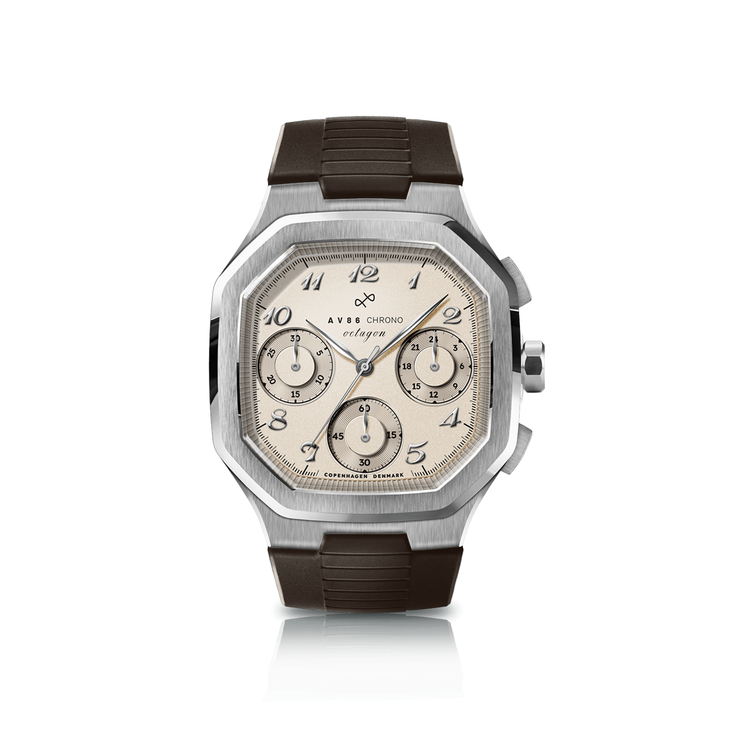 1904 Chrono by AV86 features a brushed steel octagonal case, off white dial with vintage-inspired Arabic numerals, chronograph subdials, and a dark brown leather strap, epitomizing Danish design and horological excellence.