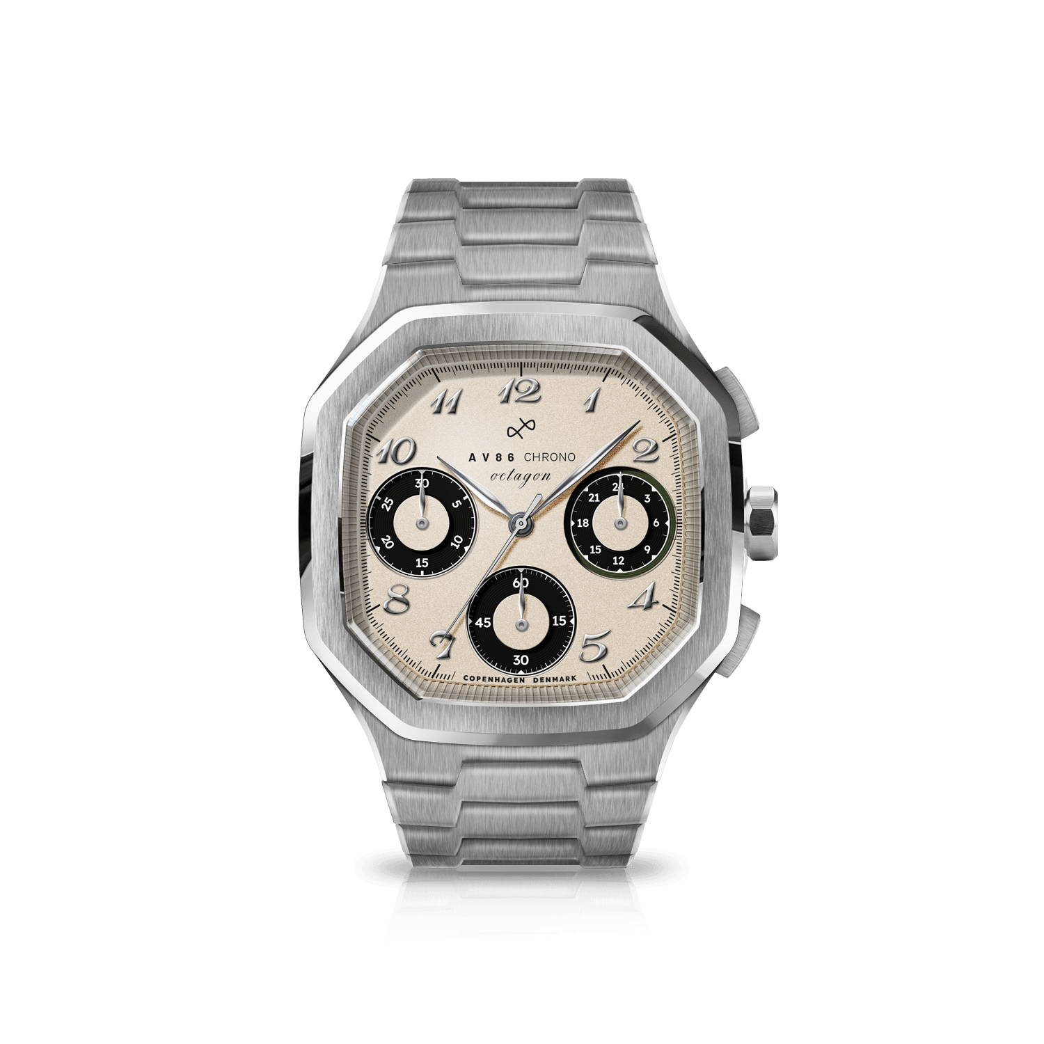 1904 Chrono luxury chronograph by AV86 featuring a brushed metal bracelet, sapphire crystal, vintage-inspired off white dial with black subdials, and elegant numeral markers.