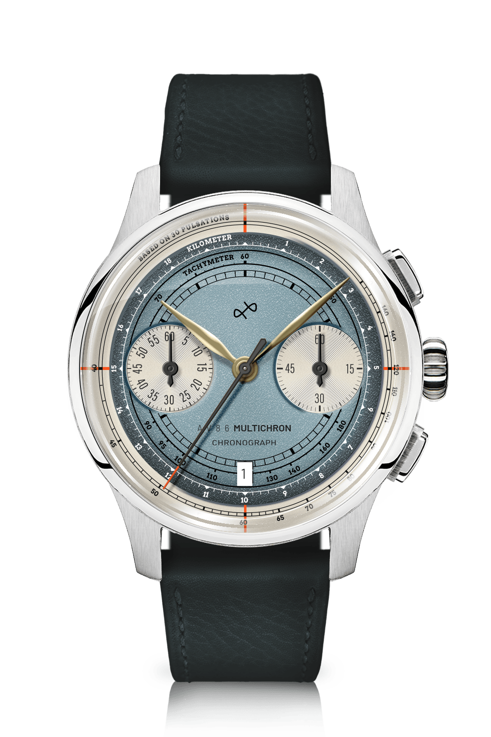 AV86 automatic chronograph featuring a textured blue dial with dual subdials for seconds and minutes, tachymeter and pulsations scale, date window, sapphire crystal, and black leather strap, reflecting refined Danish horological precision and vintage-inspired Copenhagen design.