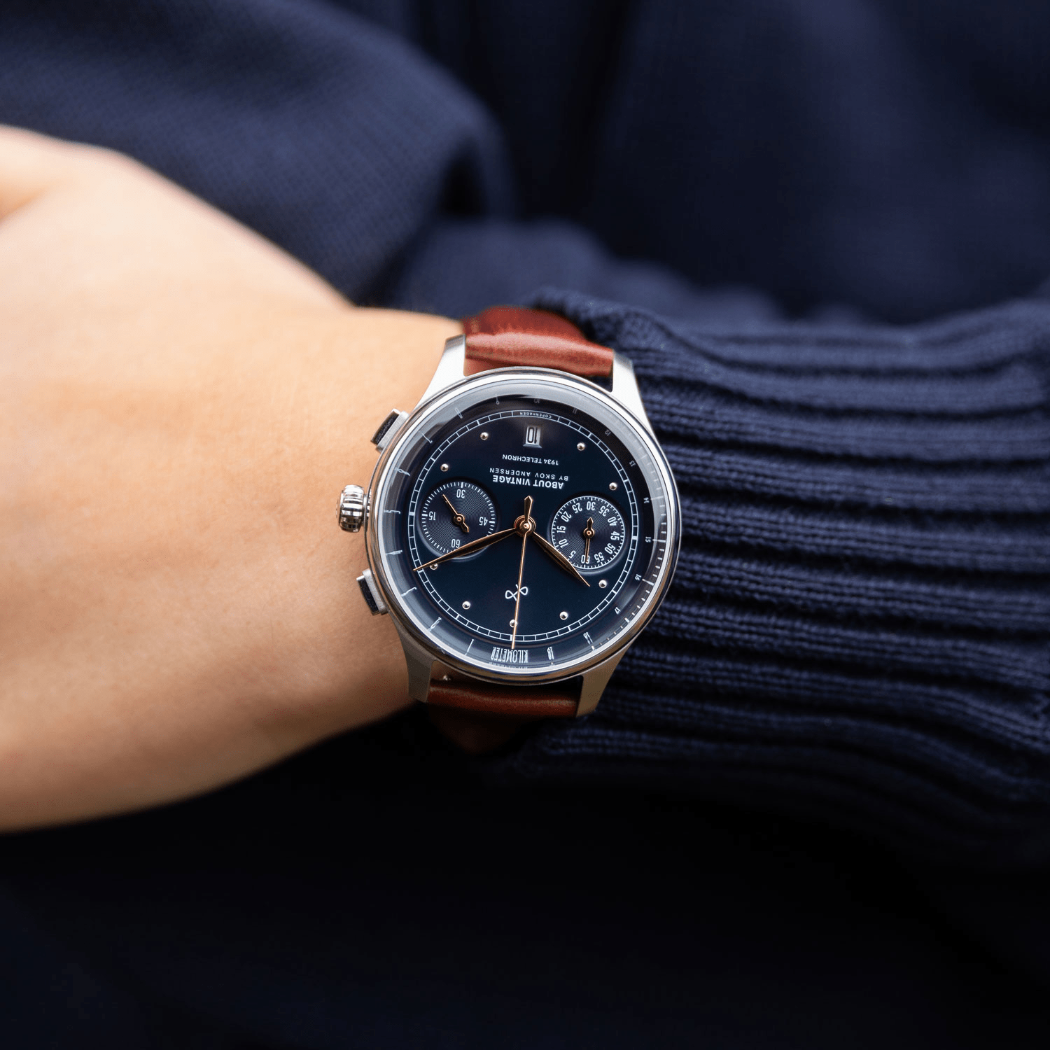 1934 Telechron by AV86 vintage-inspired chronograph with telemeter, sapphire crystal, and brown leather strap on wrist