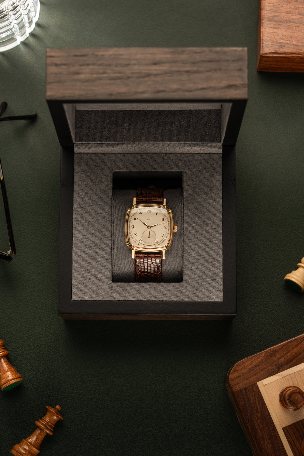 1954 Amalfi Mechanical by AV86 with polished cushion case, vintage dial, small seconds, sapphire crystal, and brown leather strap in wooden box