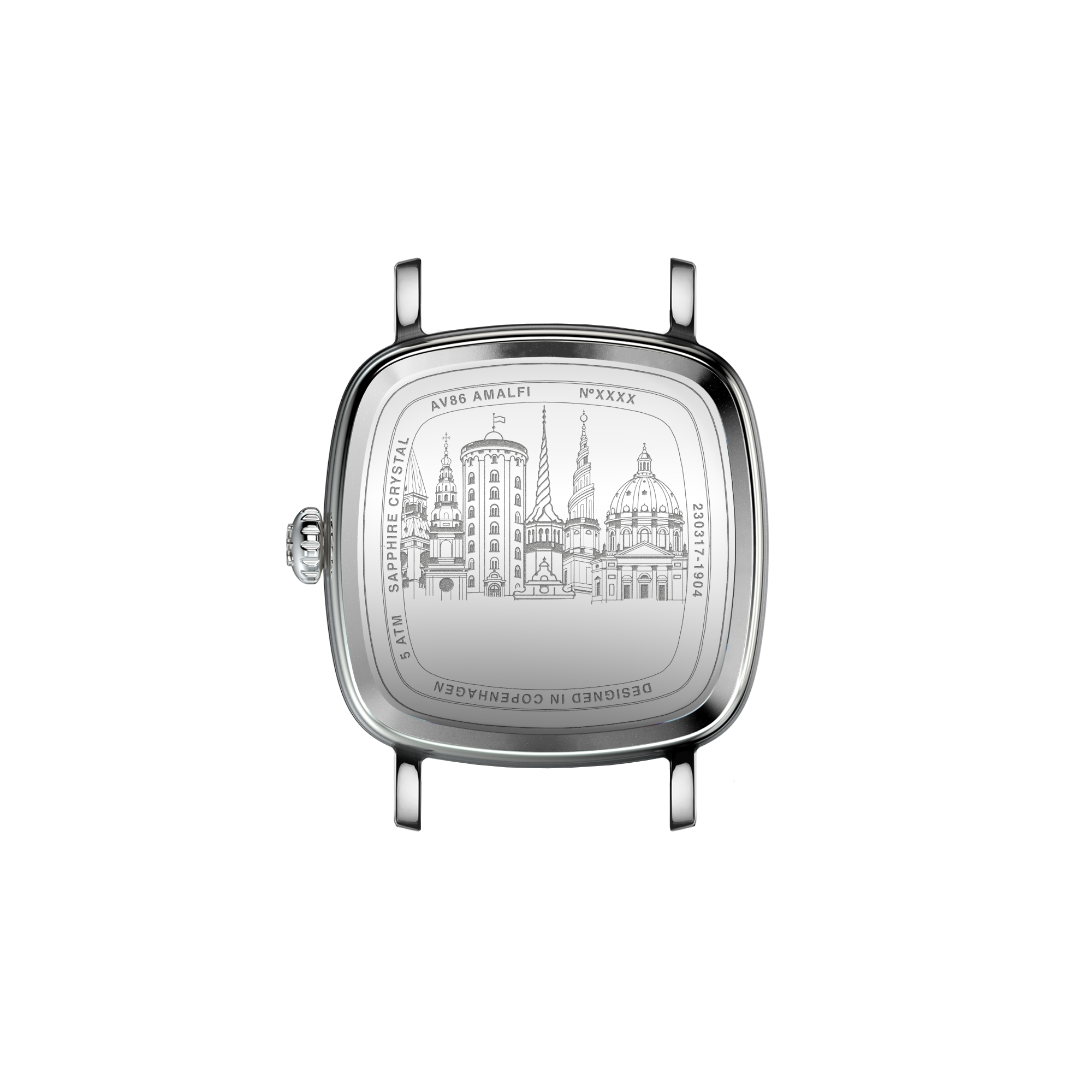 Case back of AV86 Amalfi watch engraved with Copenhagen cityscape, sapphire crystal, and polished rounded square case.
