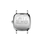 Case back of AV86 Amalfi watch engraved with Copenhagen cityscape, sapphire crystal, and polished rounded square case.