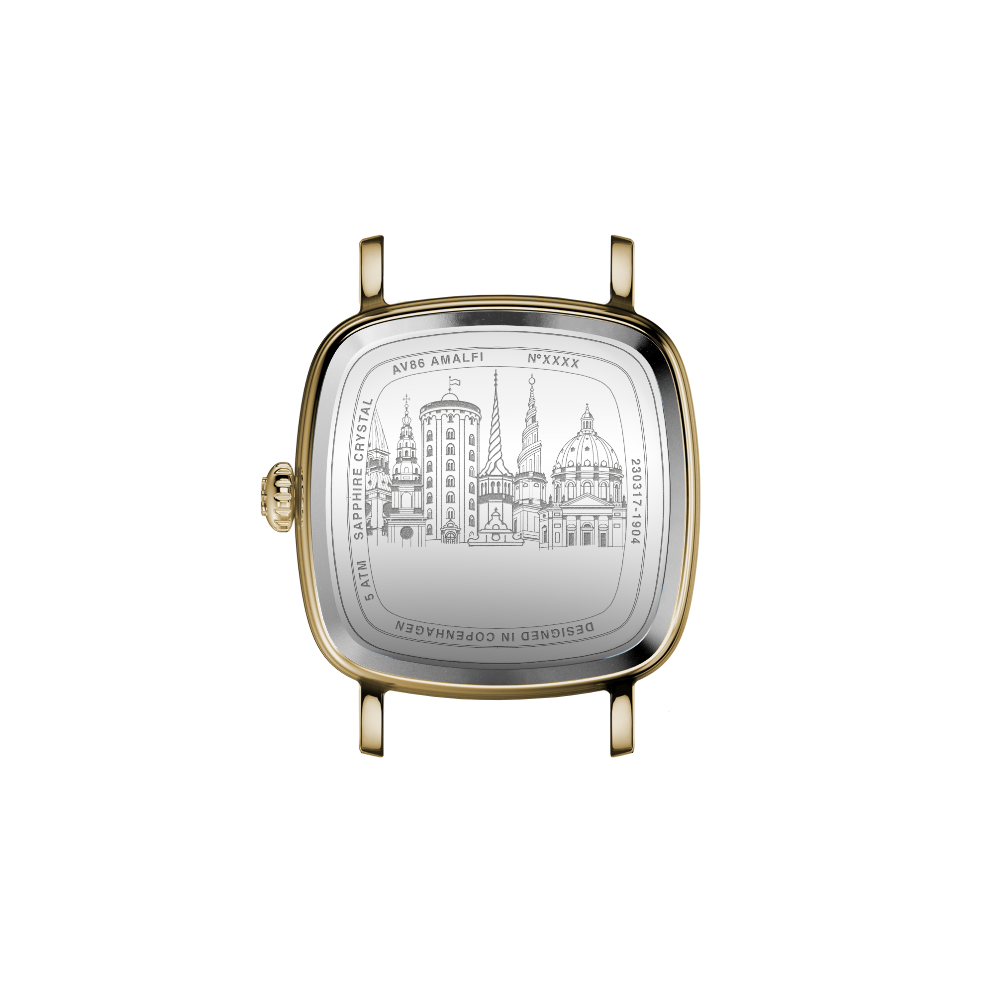 Case back of AV86 Amalfi watch engraved with Copenhagen skyline, sapphire crystal, and polished square cushion case.