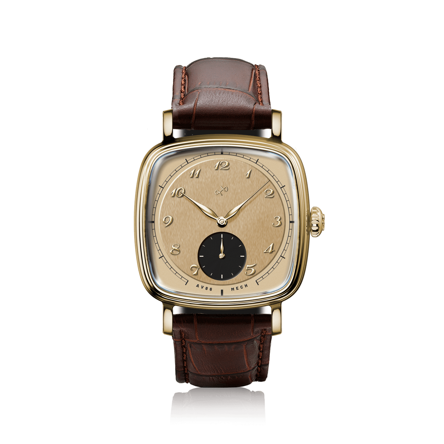 1954 Amalfi Mechanical by AV86, vintage-inspired mechanical watch with a brushed gold dial, black subdial, and brown leather strap