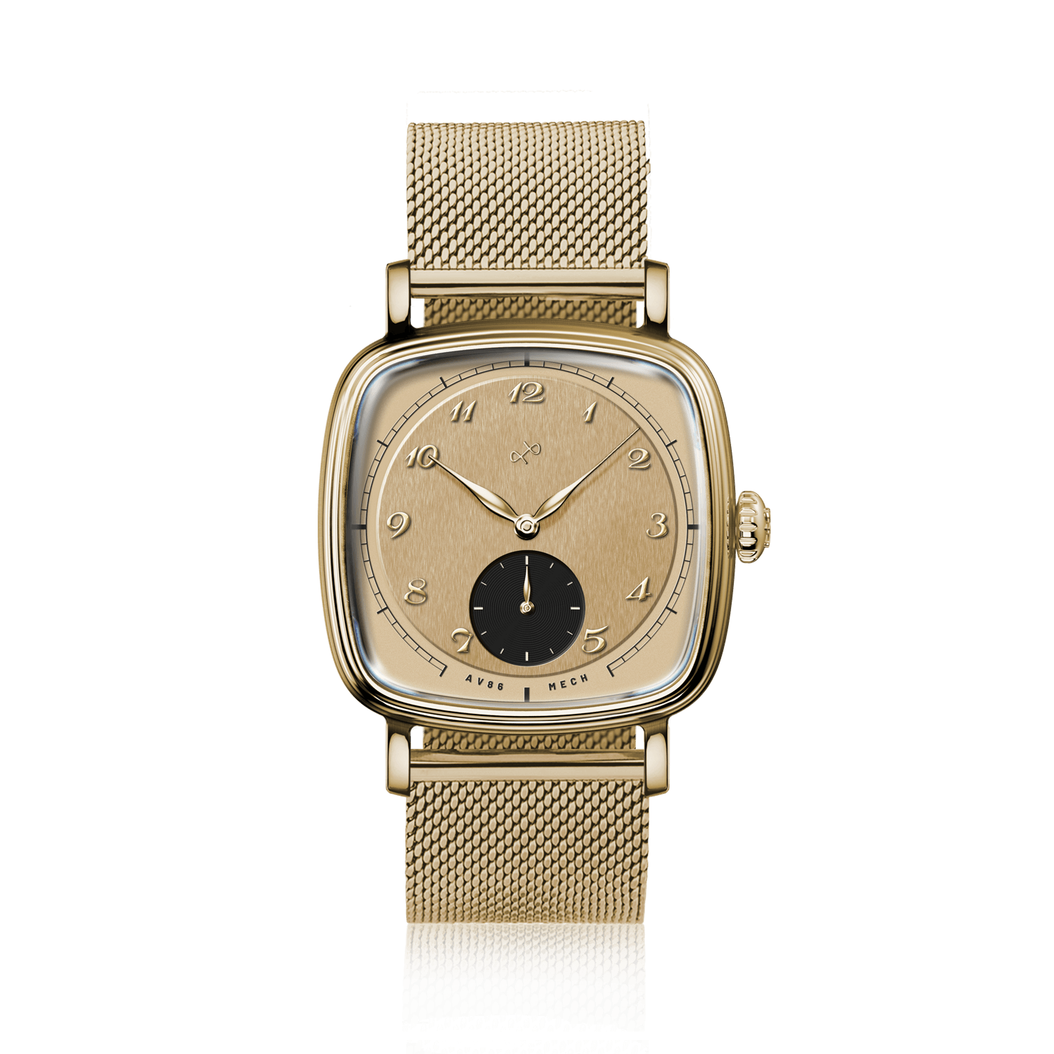 1954 Amalfi Mechanical by AV86 features a vintage-inspired mechanical watch with gold mesh strap, sapphire crystal, and minimalist dial.