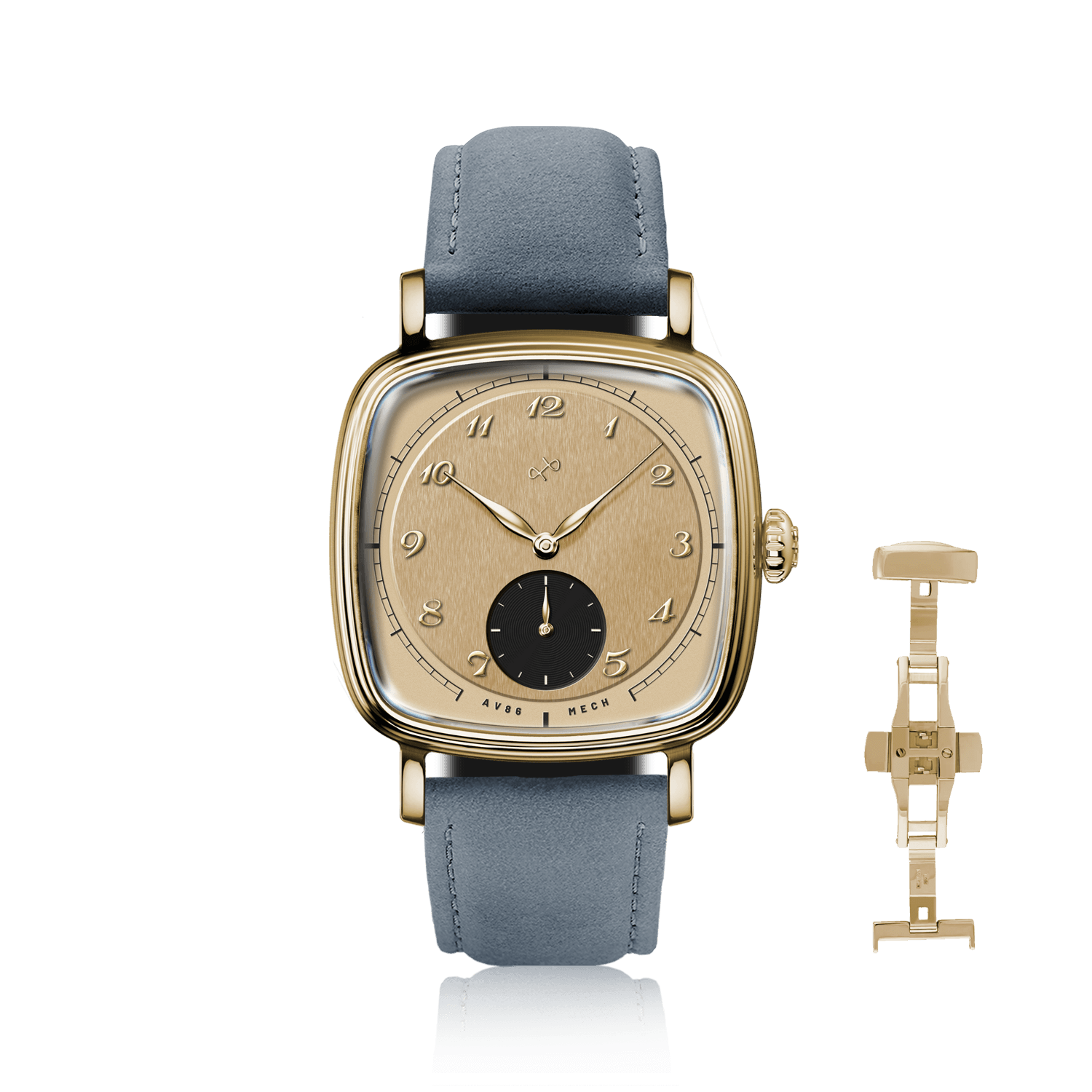 1954 Amalfi Mechanical by AV86, vintage-inspired mechanical watch with sapphire crystal, leather strap, and classic gold-tone case