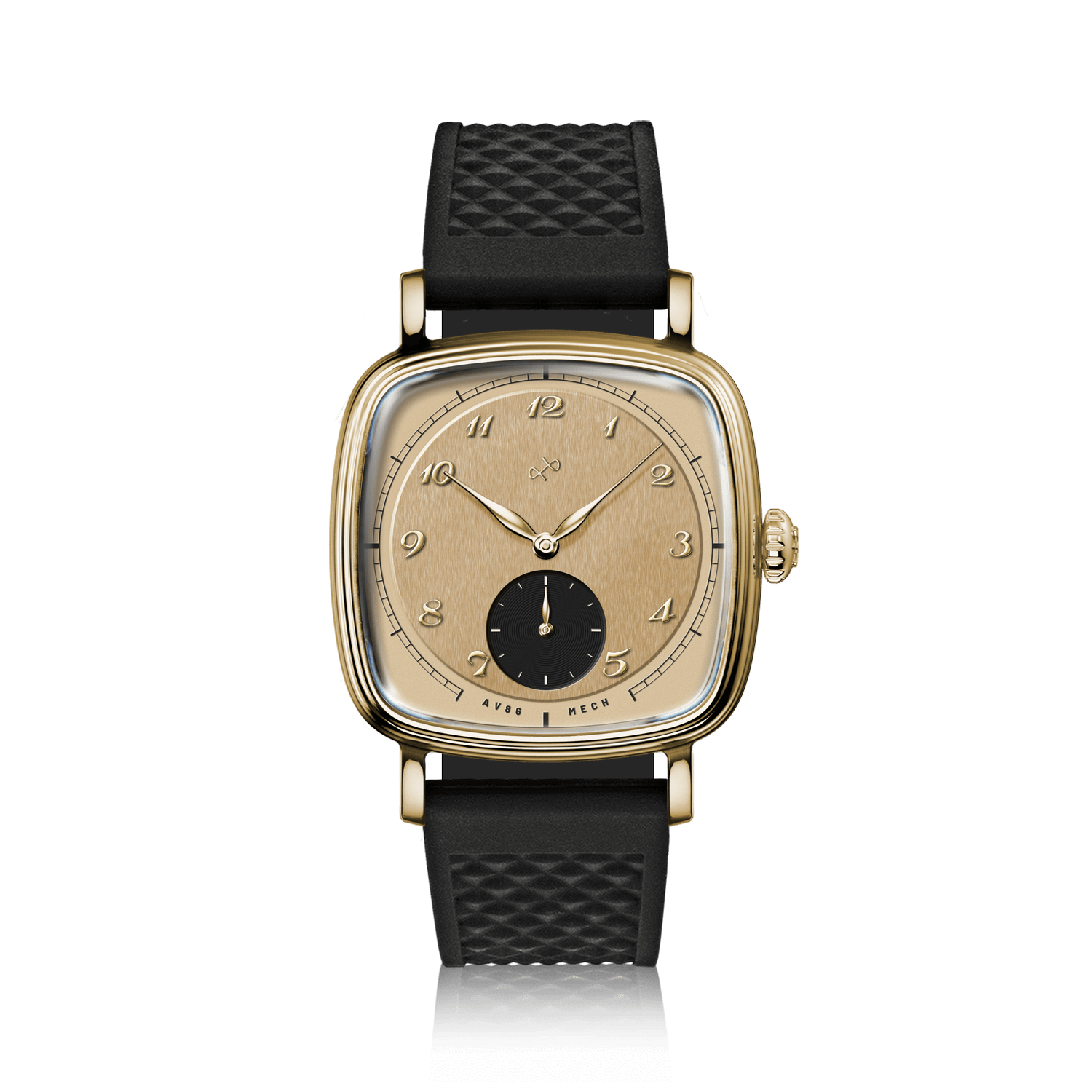 1954 Amalfi Mechanical by AV86 features a vintage-inspired mechanical watch with a gold-tone dial, sapphire crystal, and textured black strap