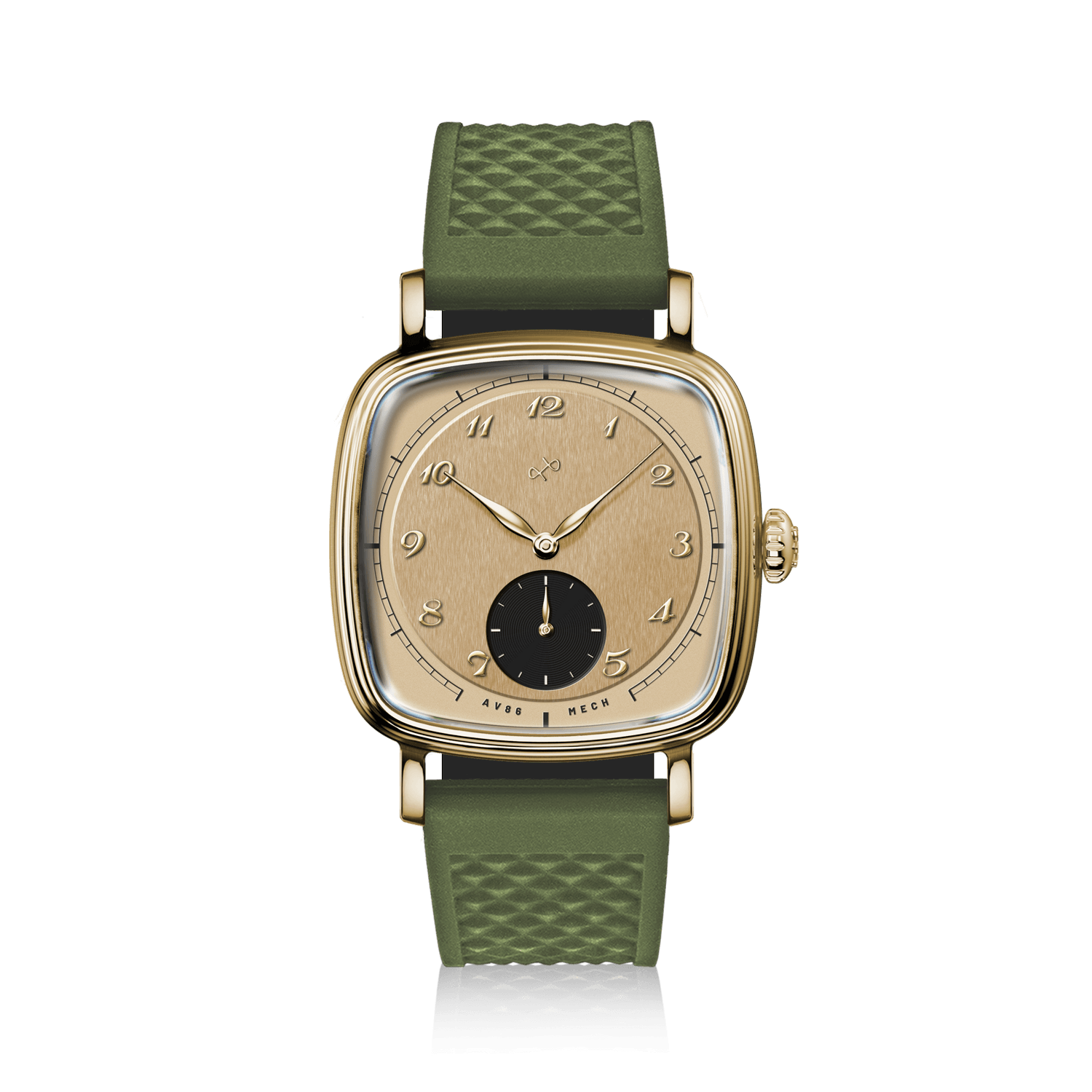 1954 Amalfi Mechanical by AV86 features a vintage-inspired mechanical watch with a gold-tone case and textured rubber strap.