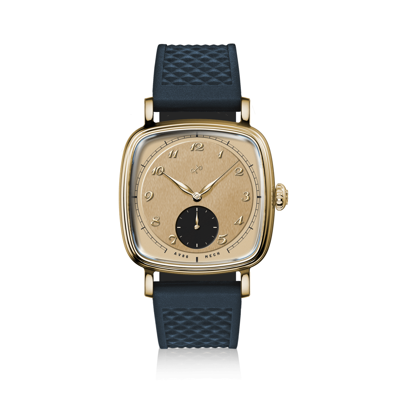 1954 Amalfi Mechanical by AV86, vintage-inspired mechanical watch with gold case, textured dial, and black rubber strap, Scandinavian design.