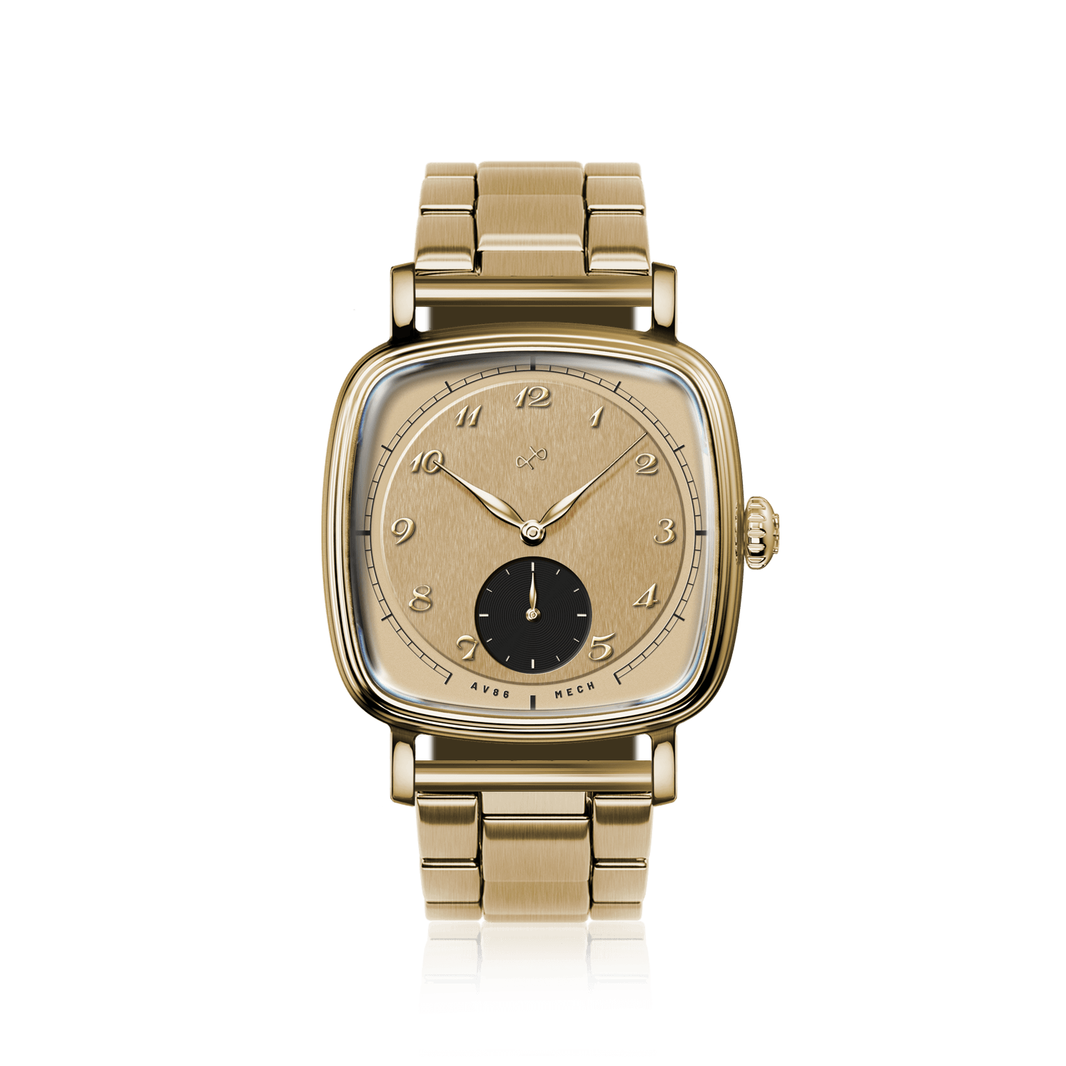 1954 Amalfi Mechanical by AV86 vintage-inspired mechanical watch with square case, gold tone and metal bracelet strap luxury timepiece