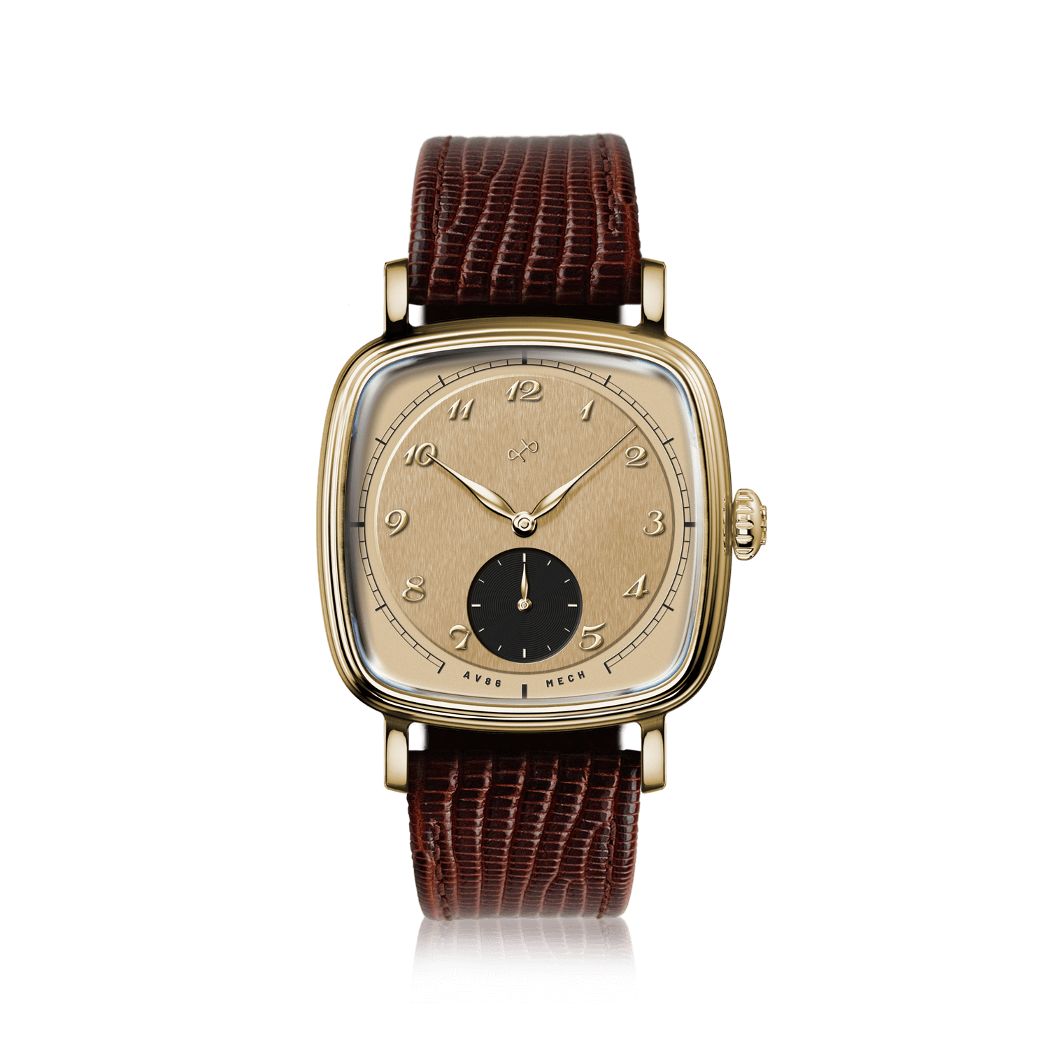 1954 Amalfi Mechanical by AV86, vintage-inspired dress watch with mechanical movement, gold-tone case, textured dial, and leather strap