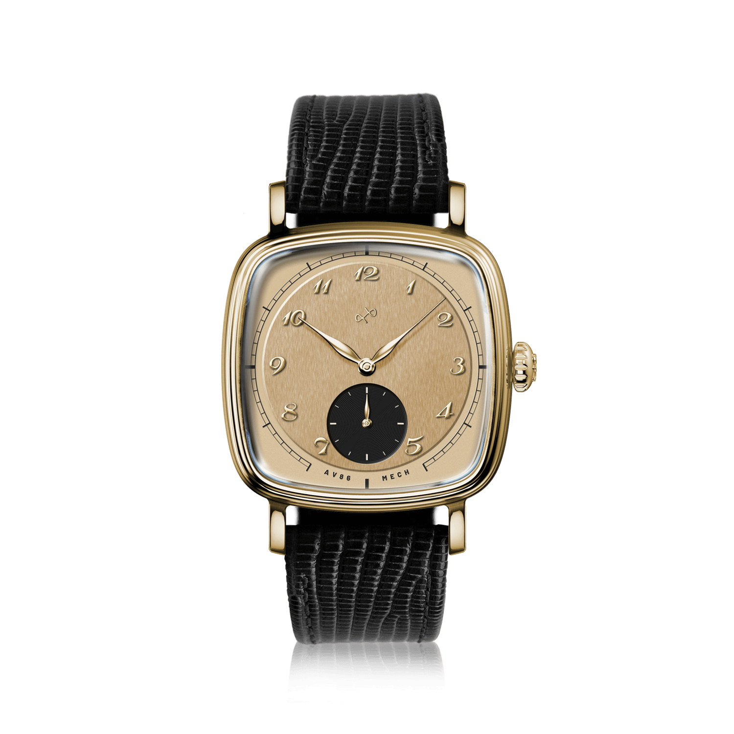 1954 Amalfi Mechanical by AV86, vintage-inspired mechanical watch with gold case, classic dial, and black textured leather strap