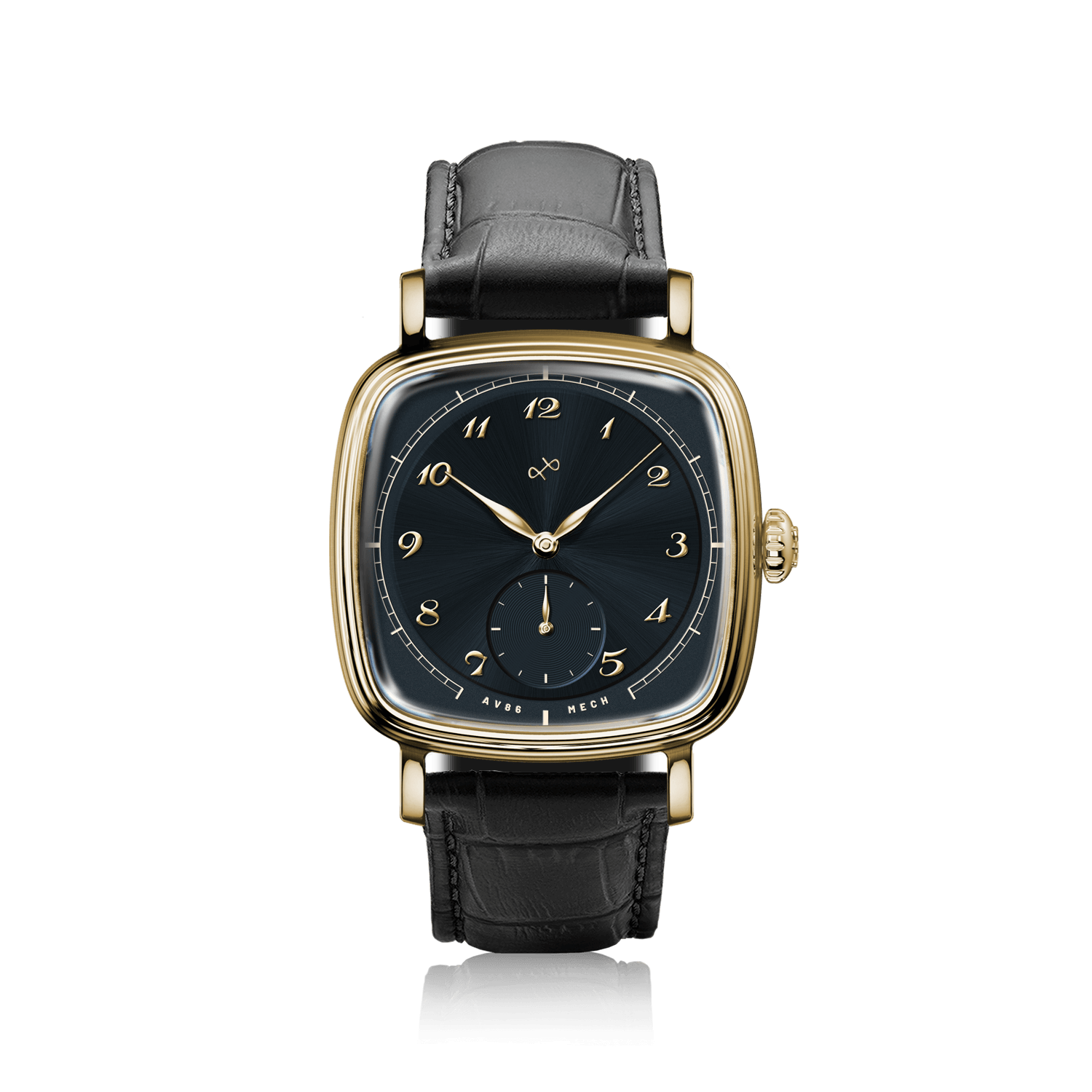 1954 Amalfi Mechanical by AV86 luxury dress watch with polished gold case, sapphire crystal, mechanical small seconds, black leather strap