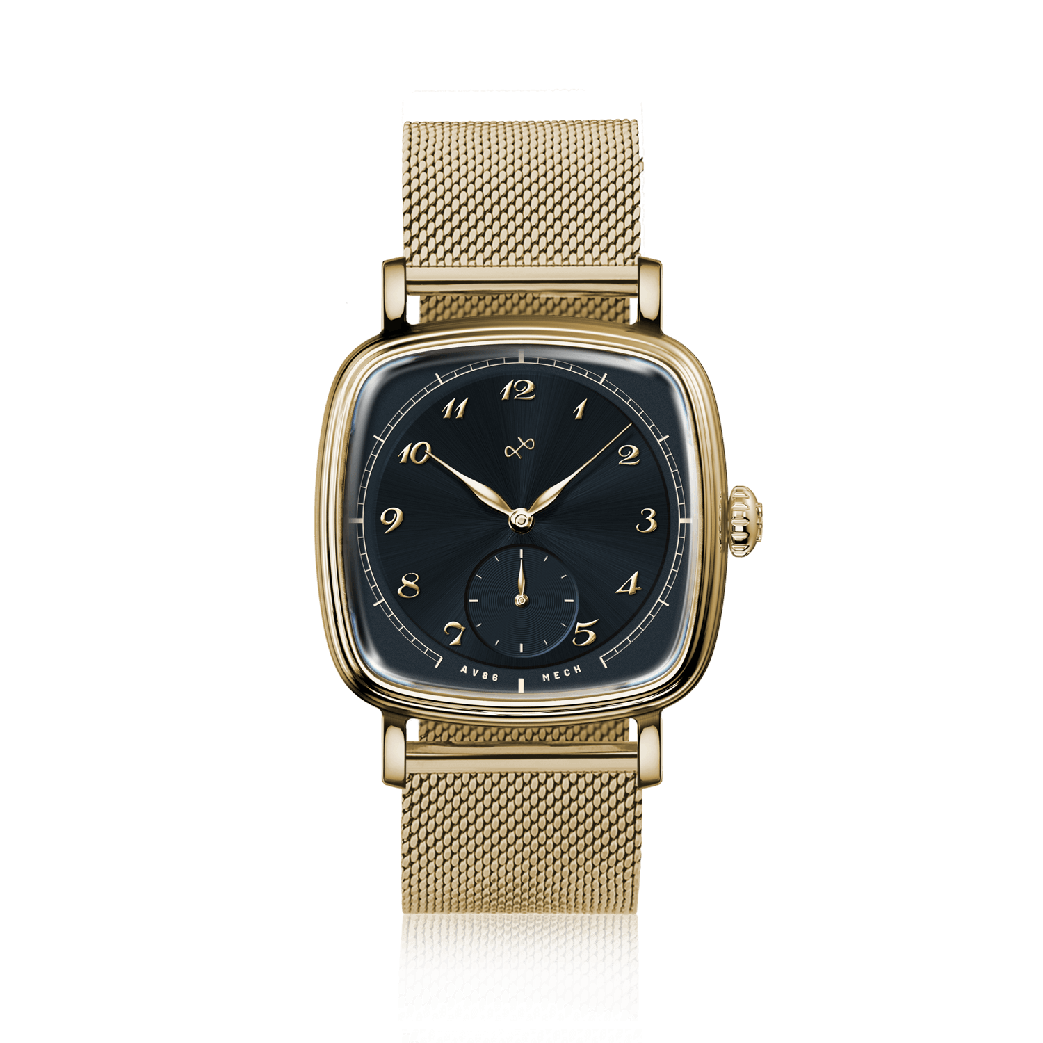 1954 Amalfi Mechanical by AV86 vintage-inspired dress watch with mechanical small seconds, sapphire crystal, and gold mesh strap