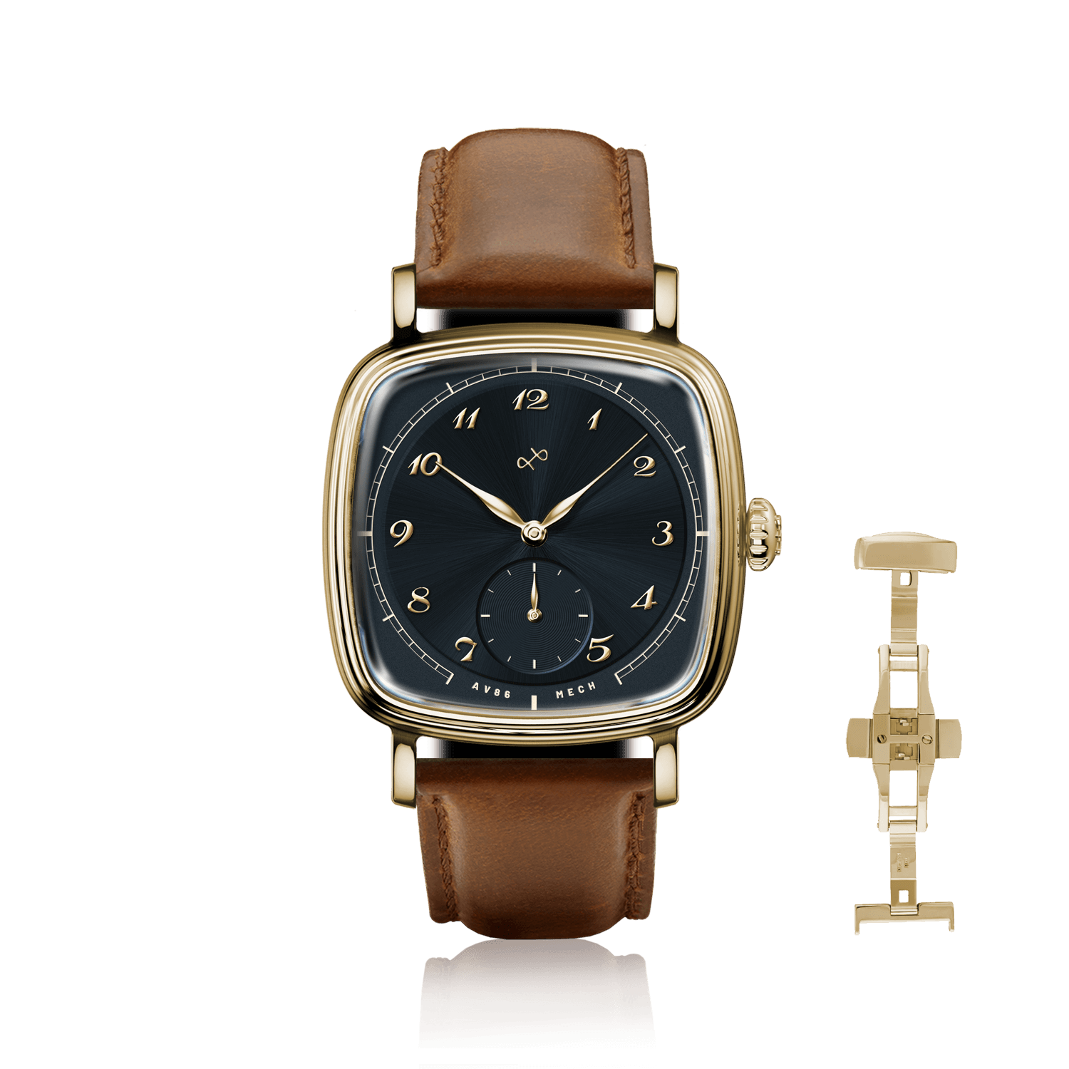 1954 Amalfi Mechanical by AV86 vintage-inspired dress watch with sapphire crystal, mechanical small seconds, gold case, and brown leather strap