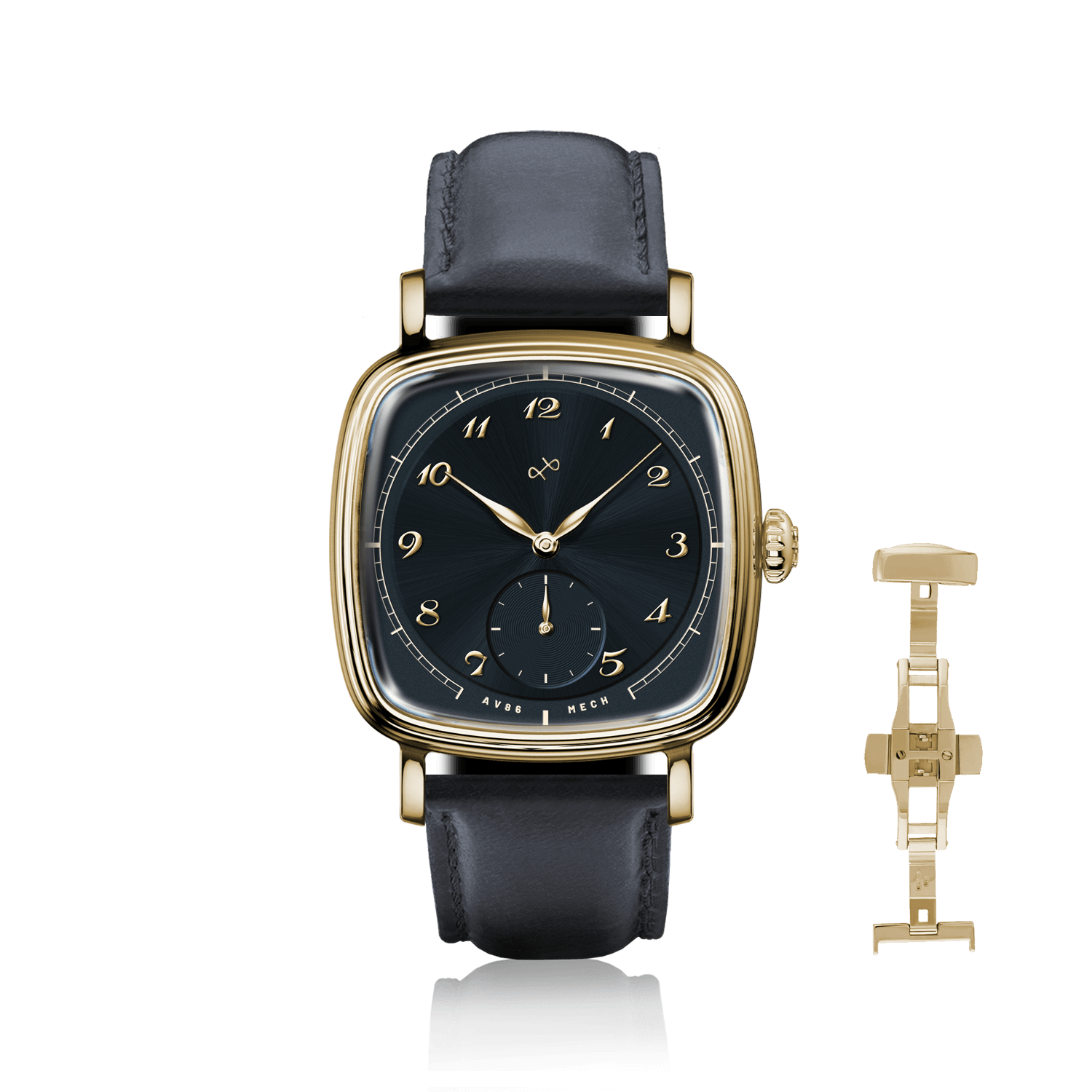 1954 Amalfi Mechanical, Gold / Midnight Blue by AV86 luxury dress watch with sapphire crystal, mechanical small seconds, and black leather strap