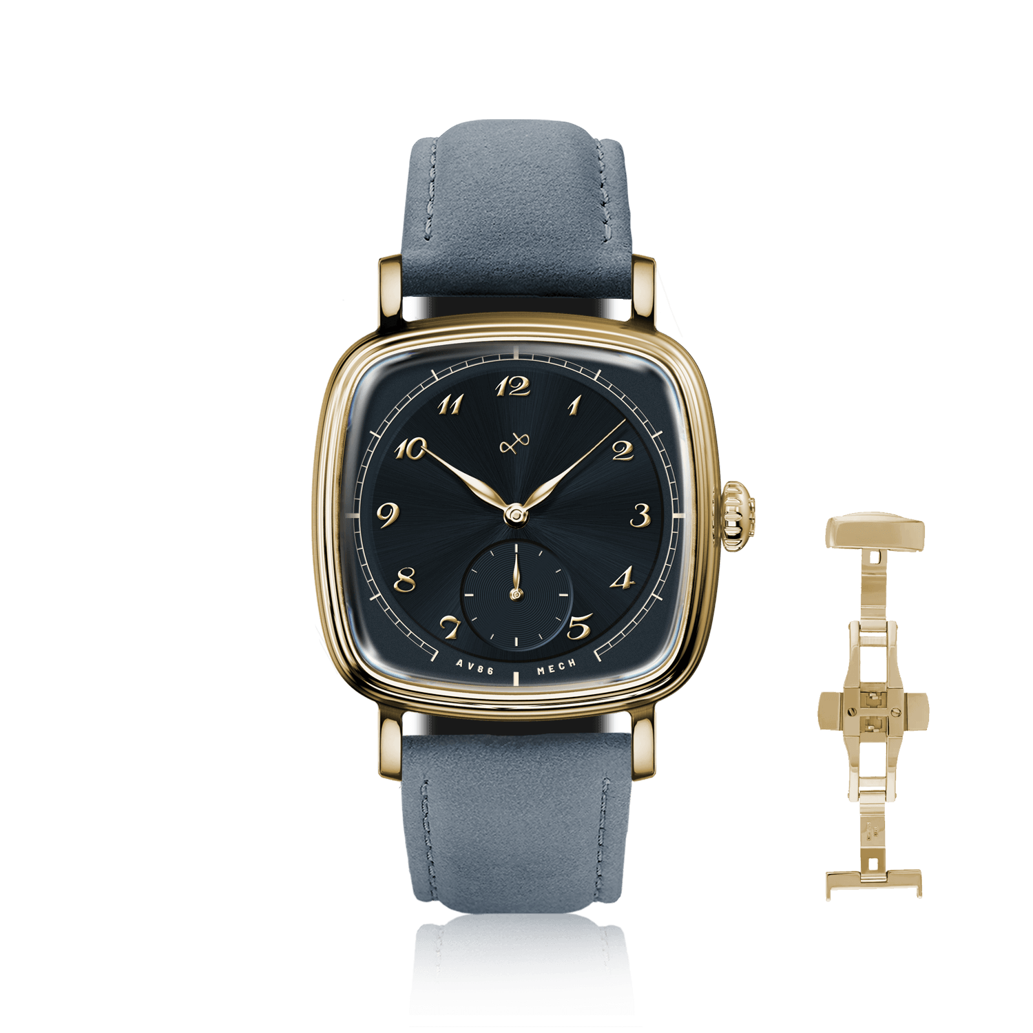1954 Amalfi Mechanical, Gold / Midnight Blue by AV86 luxury dress watch with sapphire crystal, mechanical small seconds, and leather strap