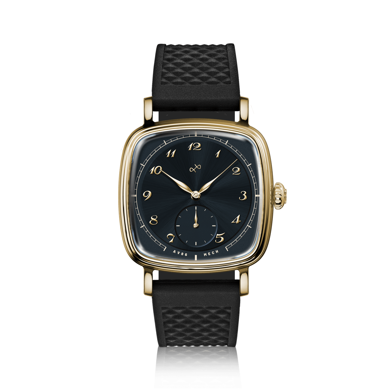 1954 Amalfi Mechanical by AV86 luxury dress watch with polished gold case, mechanical small seconds, sapphire crystal, and textured black rubber strap