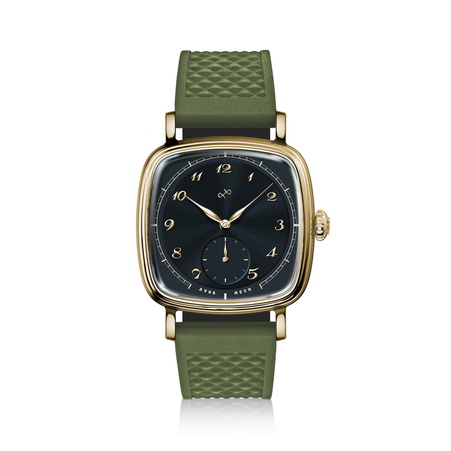 1954 Amalfi Mechanical by AV86 luxury dress watch with gold case, mechanical small seconds, sapphire crystal, and textured green rubber strap
