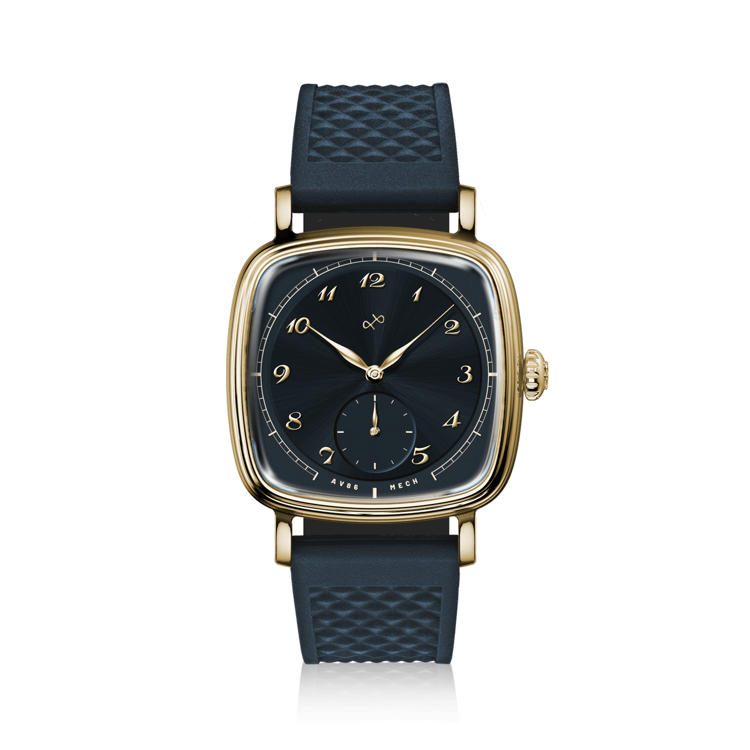 1954 Amalfi Mechanical, Gold / Midnight Blue by AV86 vintage-inspired dress watch with sapphire crystal, mechanical seconds, and rubber strap