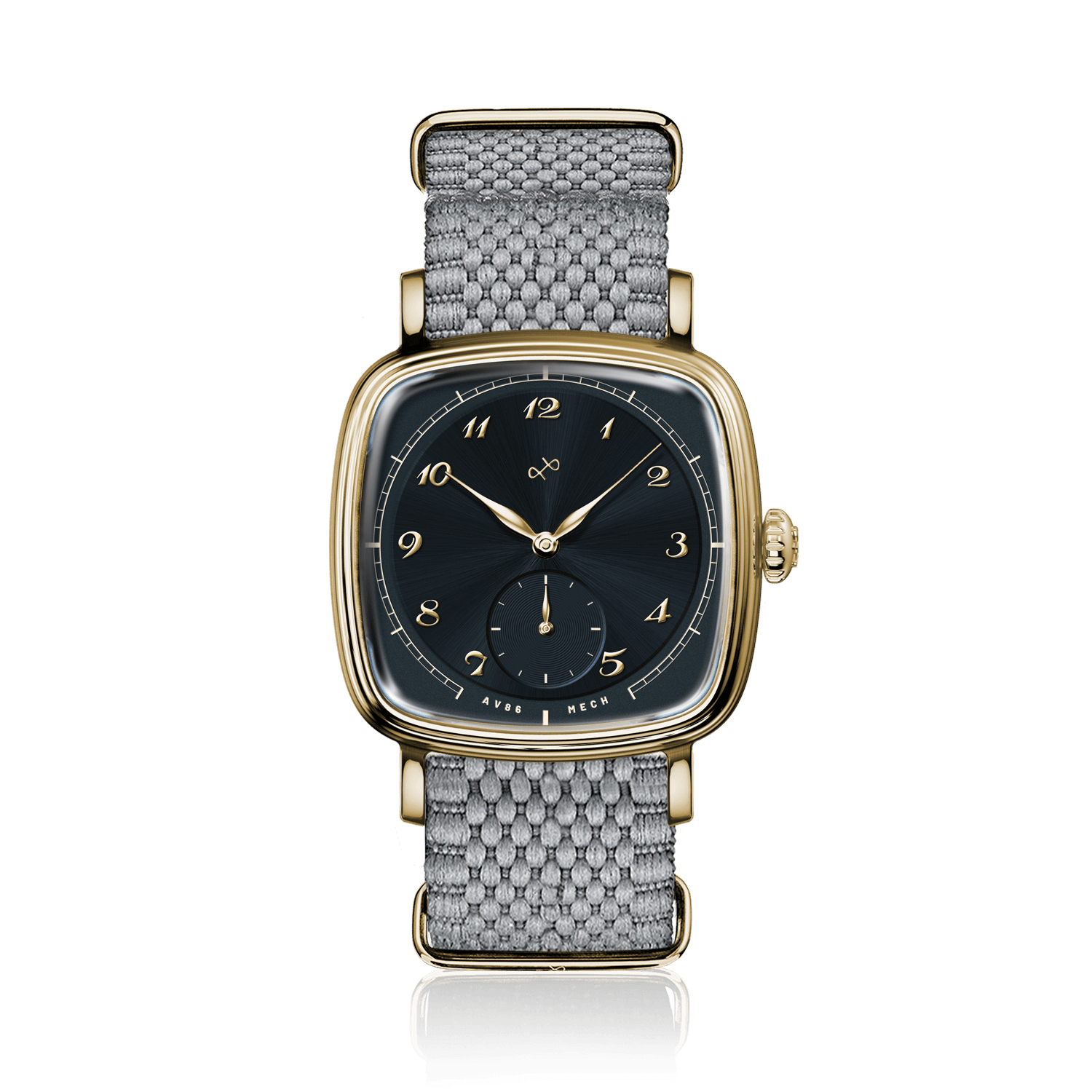 1954 Amalfi Mechanical, Gold / Midnight Blue by AV86 luxury dress watch with gold case, mechanical seconds, sapphire crystal, and woven textile strap